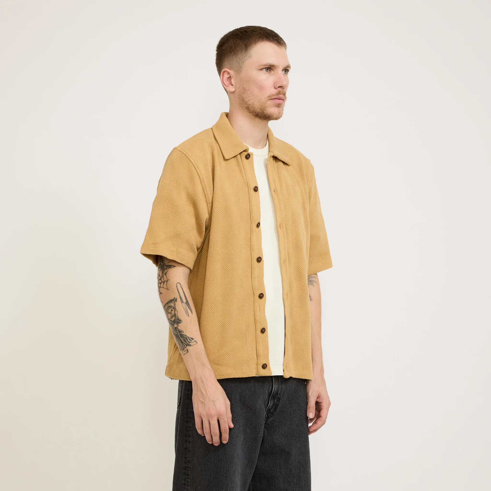 Button Through Polo Fantasy Checkerboard Sand - Image 3
