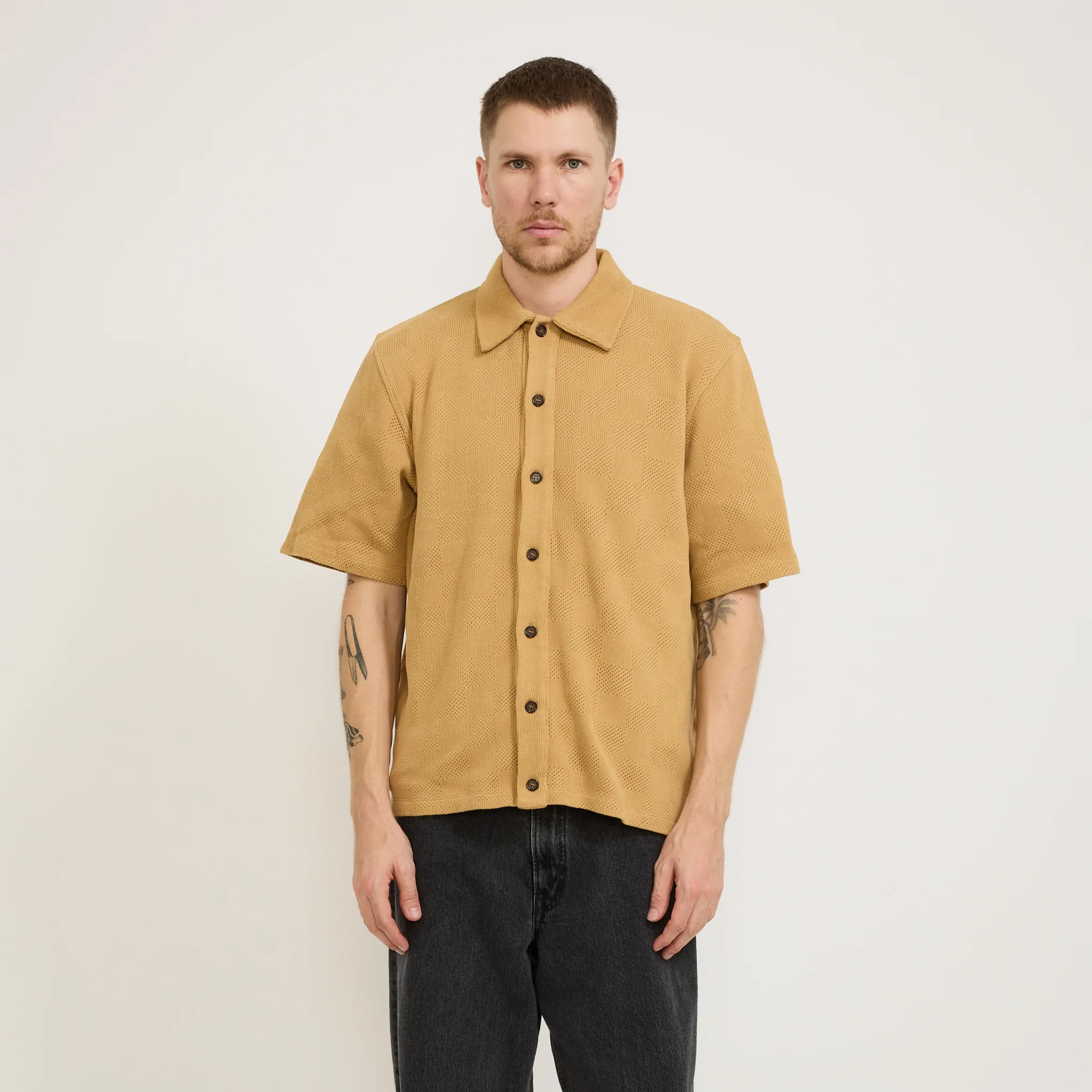 Button Through Polo Fantasy Checkerboard Sand - Image 5