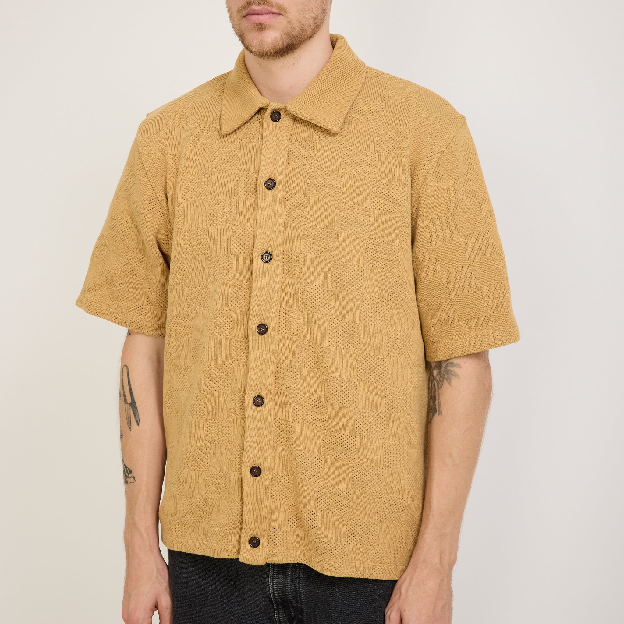 Button Through Polo Fantasy Checkerboard Sand - Image 6