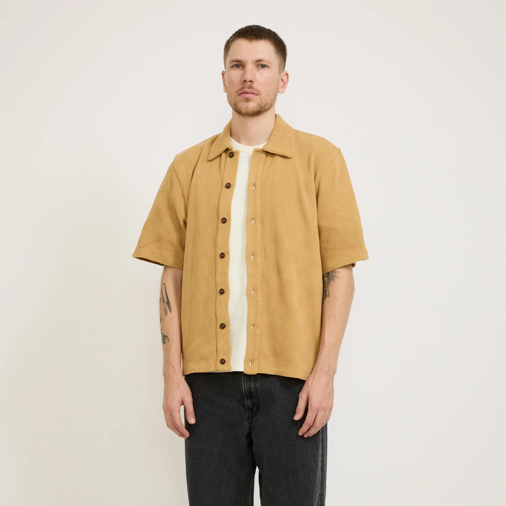 Button Through Polo Fantasy Checkerboard Sand - Image 7
