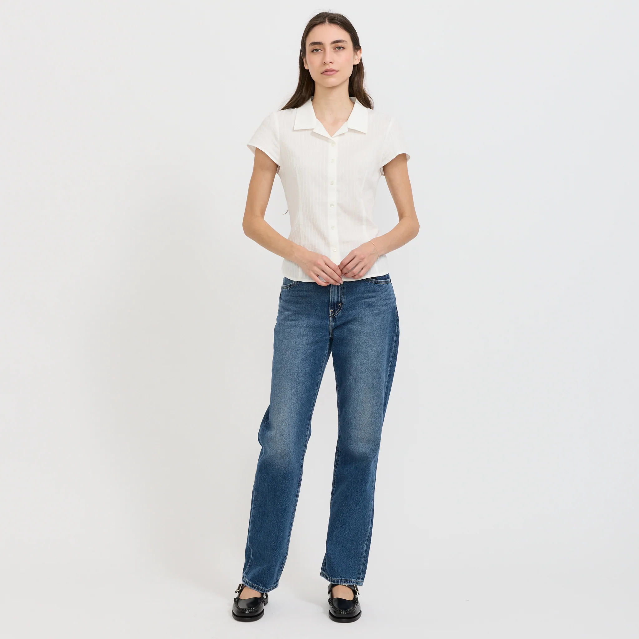 Cap Sleeve Slim Shirt White Stripe - Image 7
