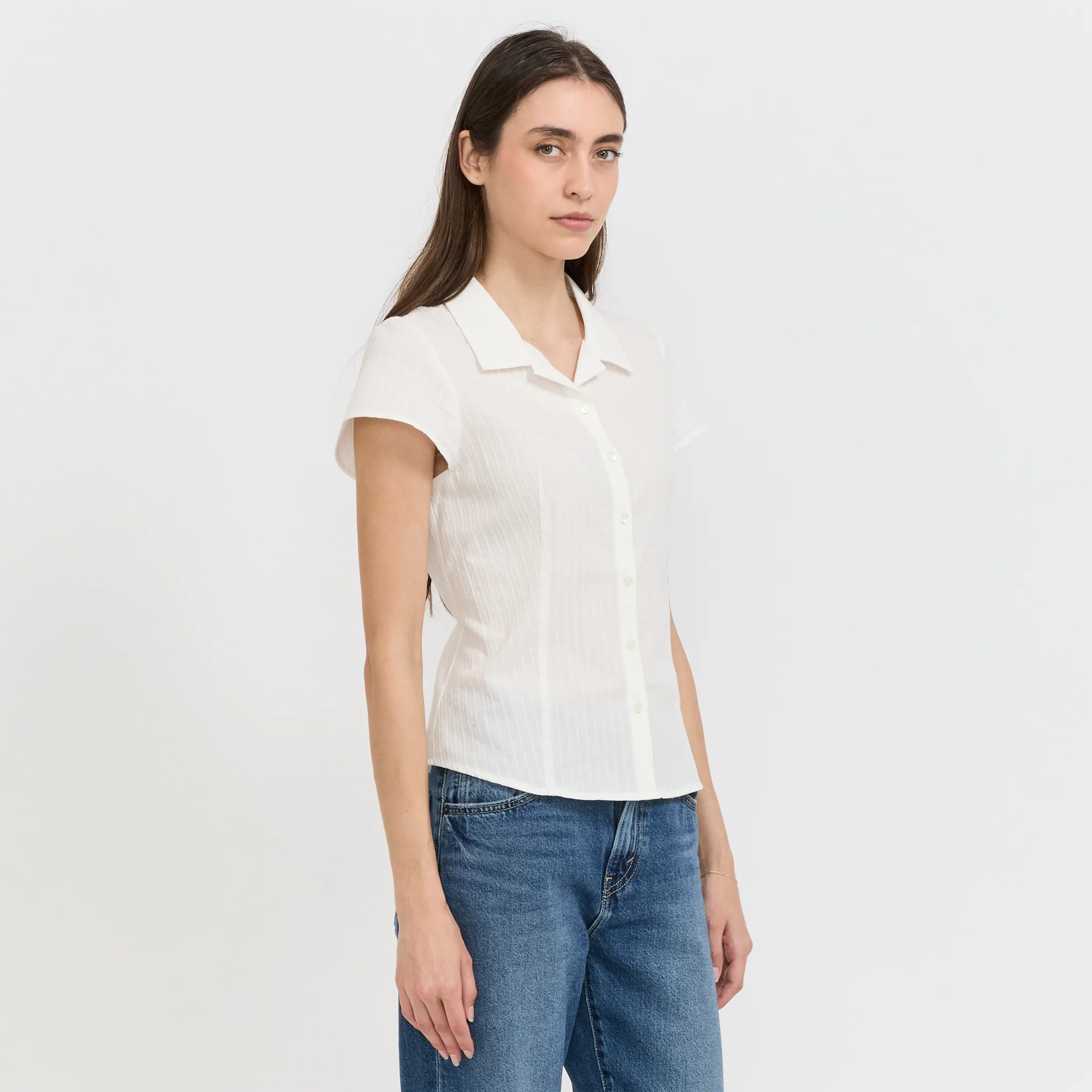 Cap Sleeve Slim Shirt White Stripe - Image 8