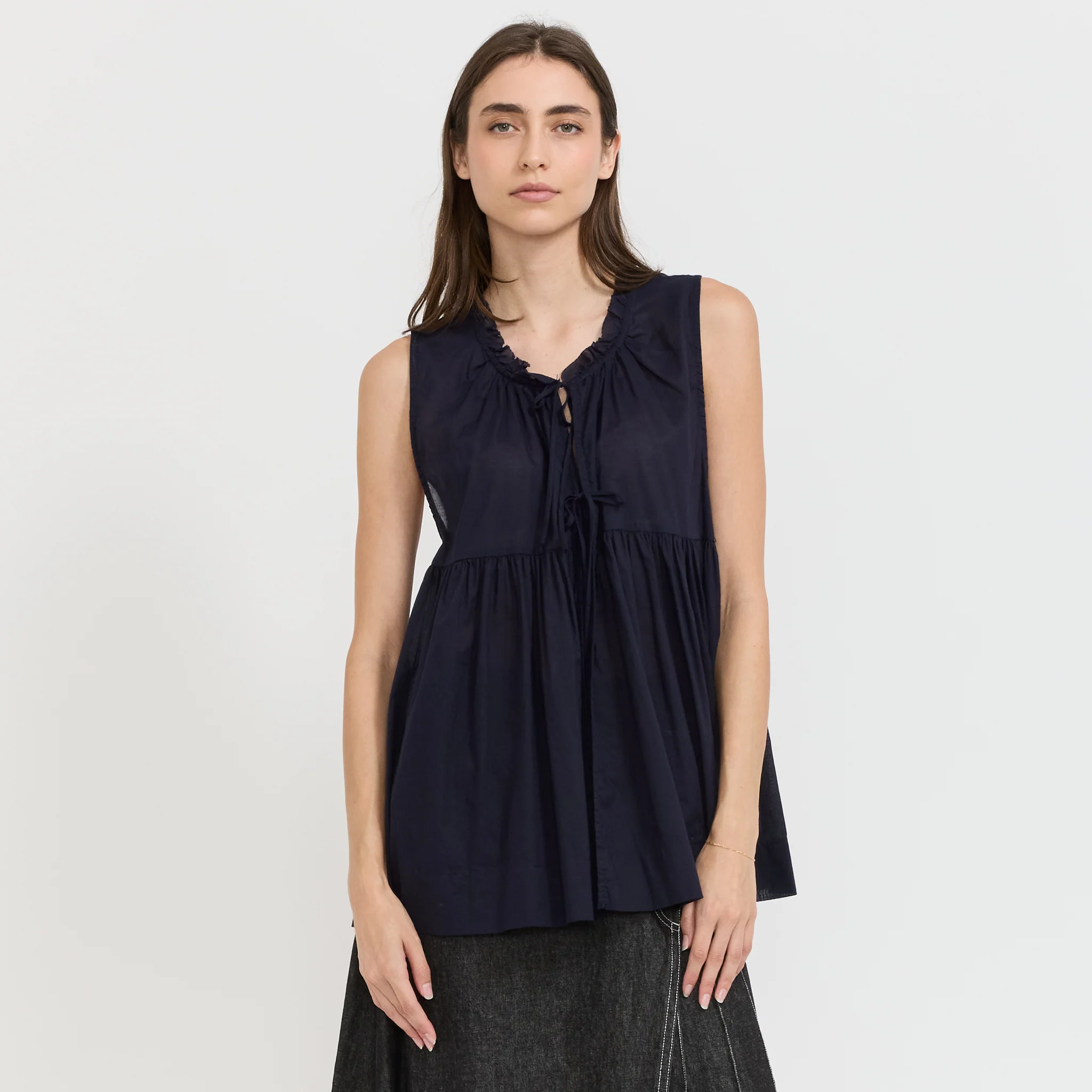 Cotton Gather Non-Sleeve Shirt Navy