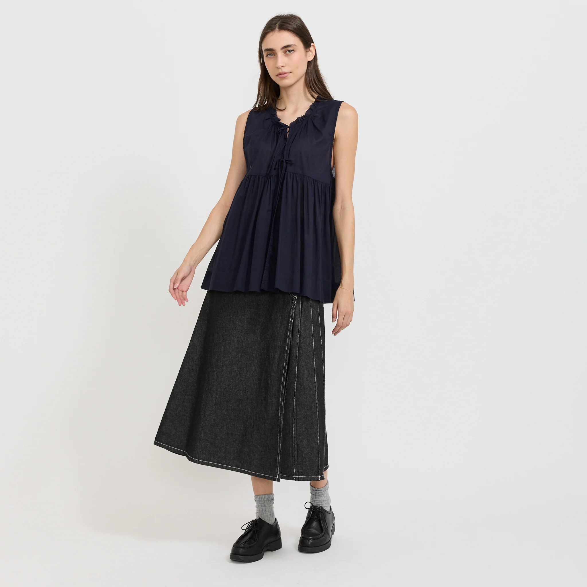 Cotton Gather Non-Sleeve Shirt Navy - Image 2