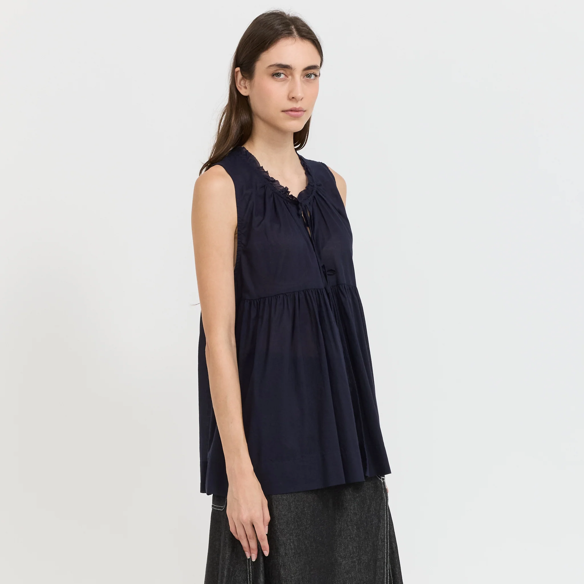 Cotton Gather Non-Sleeve Shirt Navy - Image 3