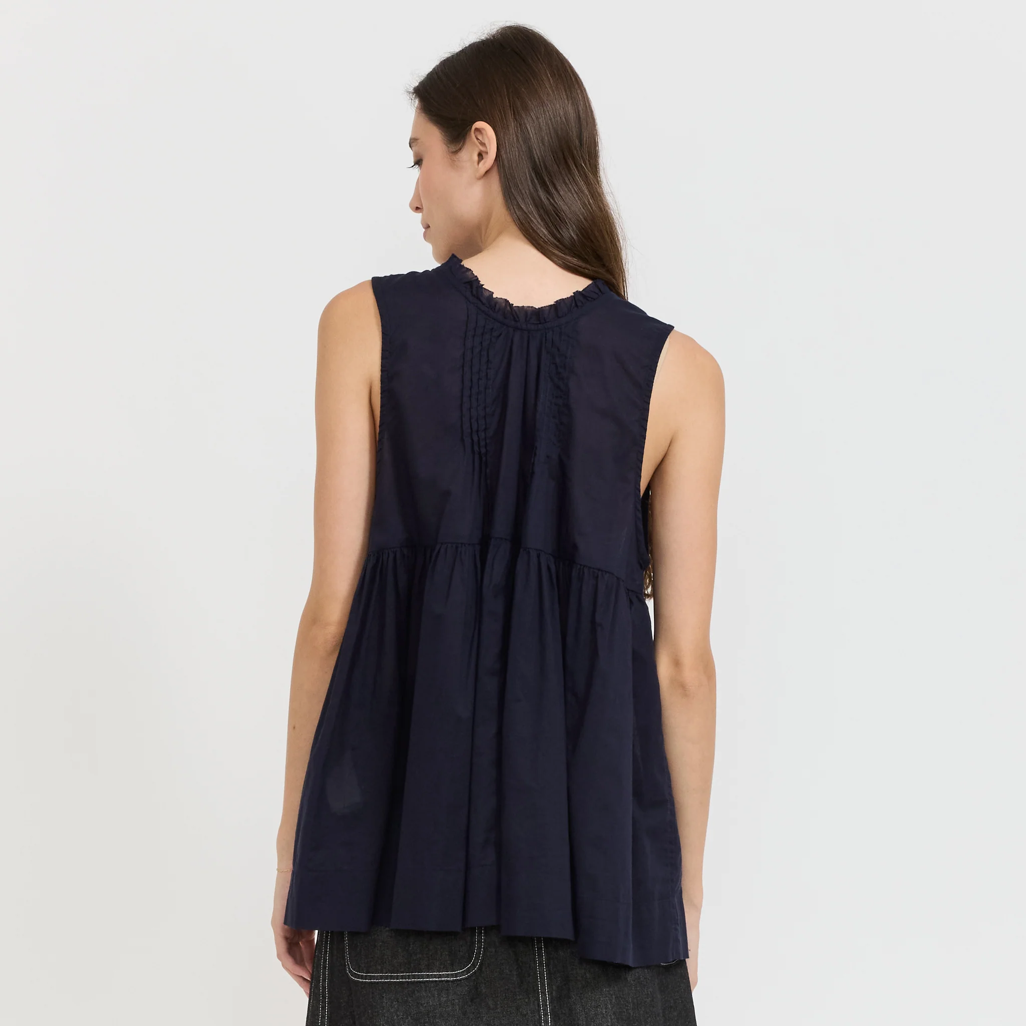 Cotton Gather Non-Sleeve Shirt Navy - Image 4