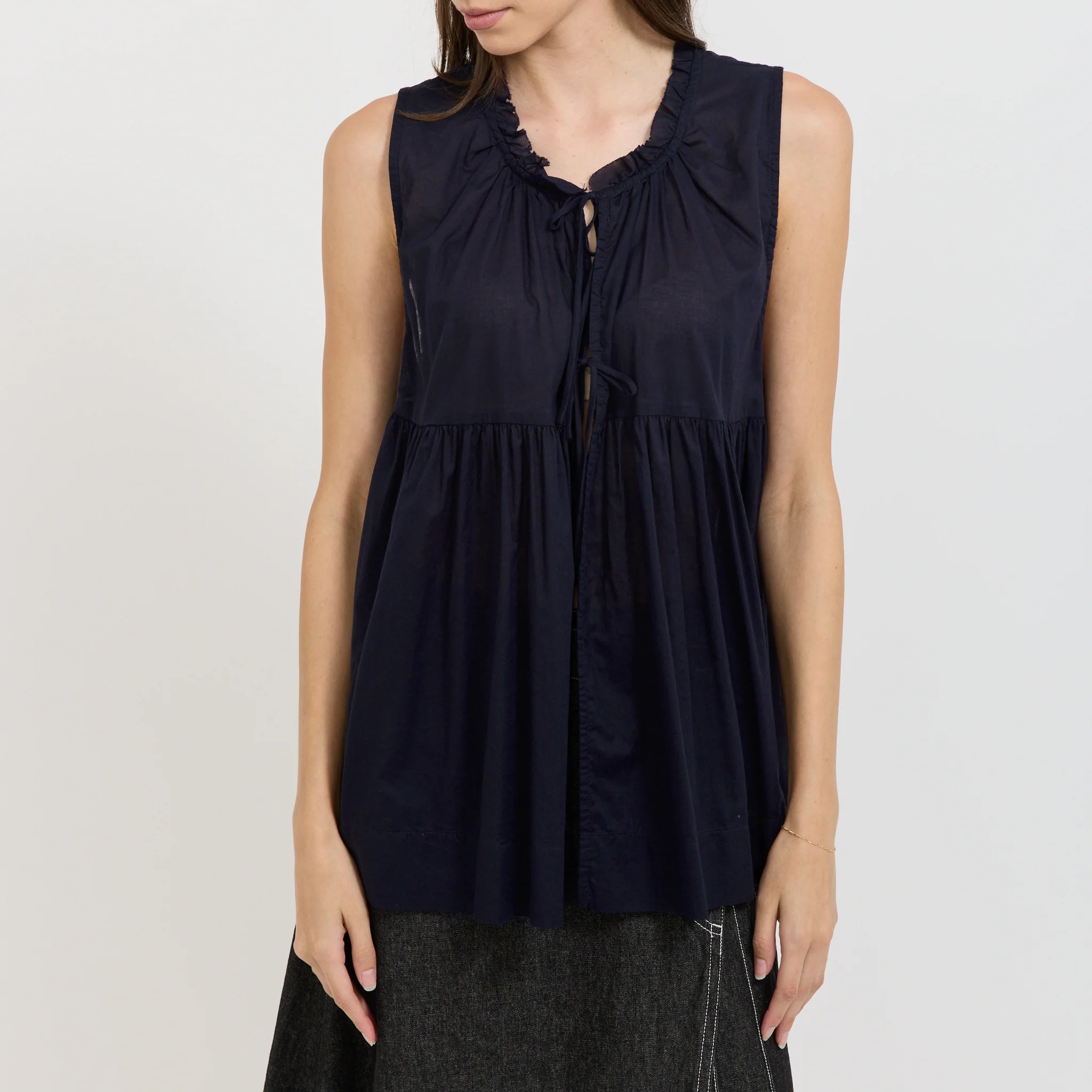 Cotton Gather Non-Sleeve Shirt Navy - Image 5