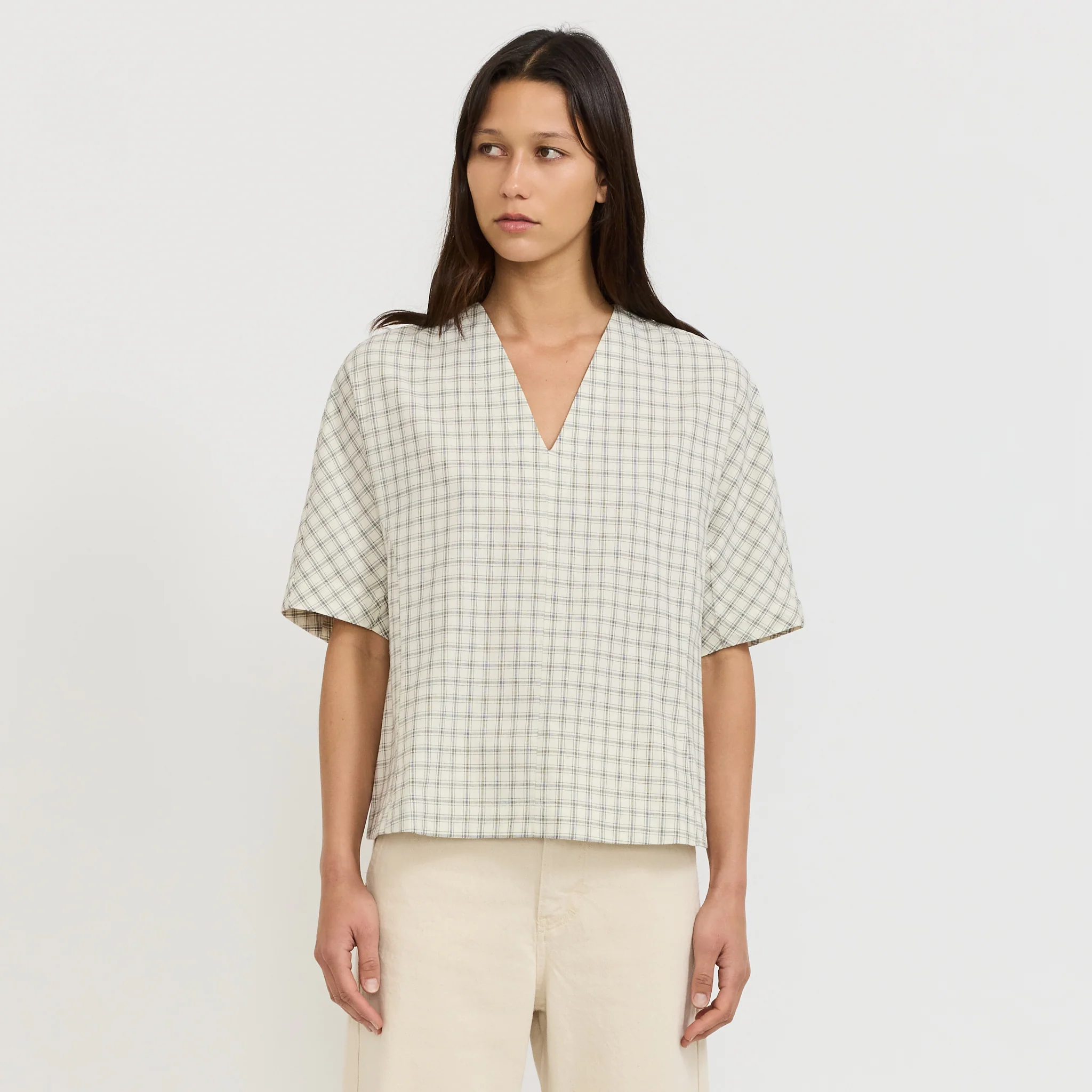 Cotton Window Pane Check V Neck Top Ecru/Slate