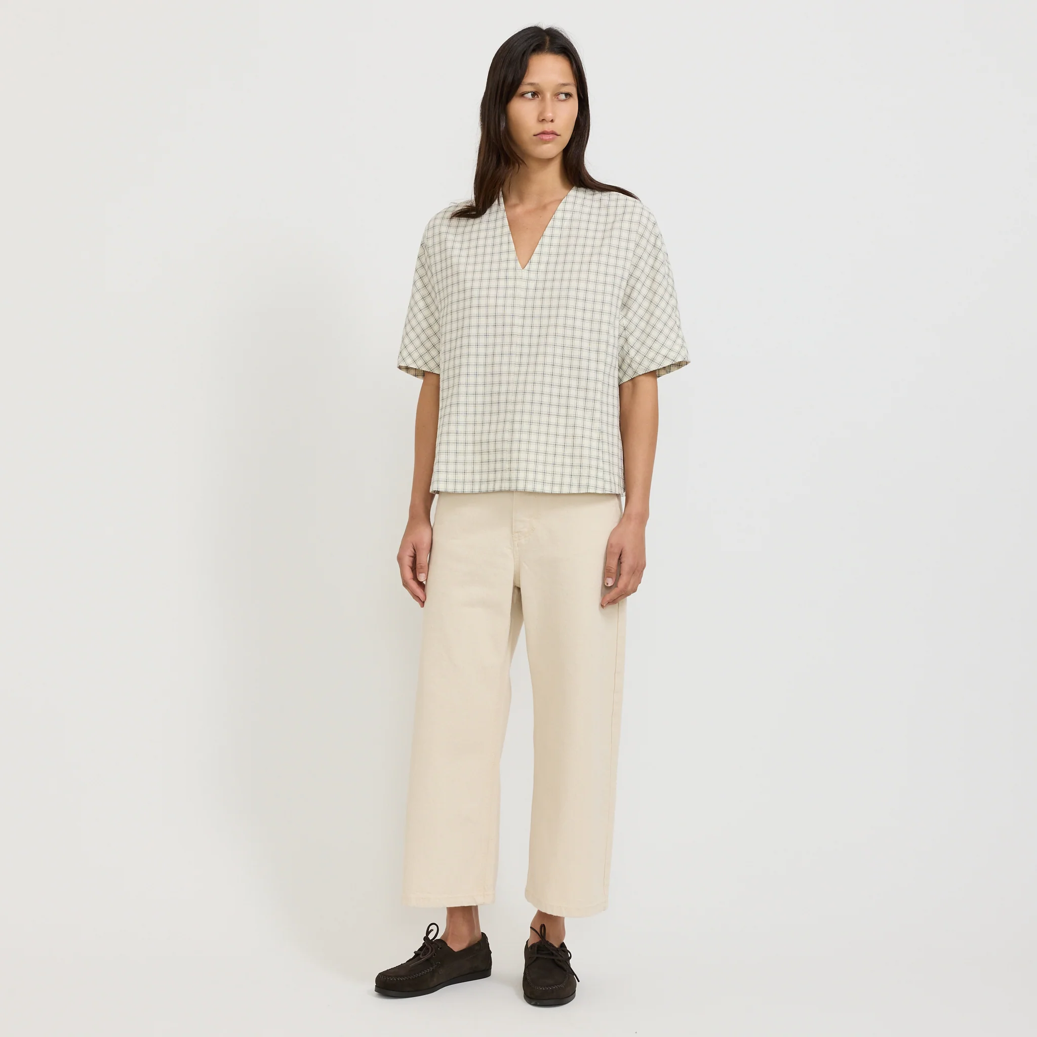 Cotton Window Pane Check V Neck Top Ecru/Slate - Image 2