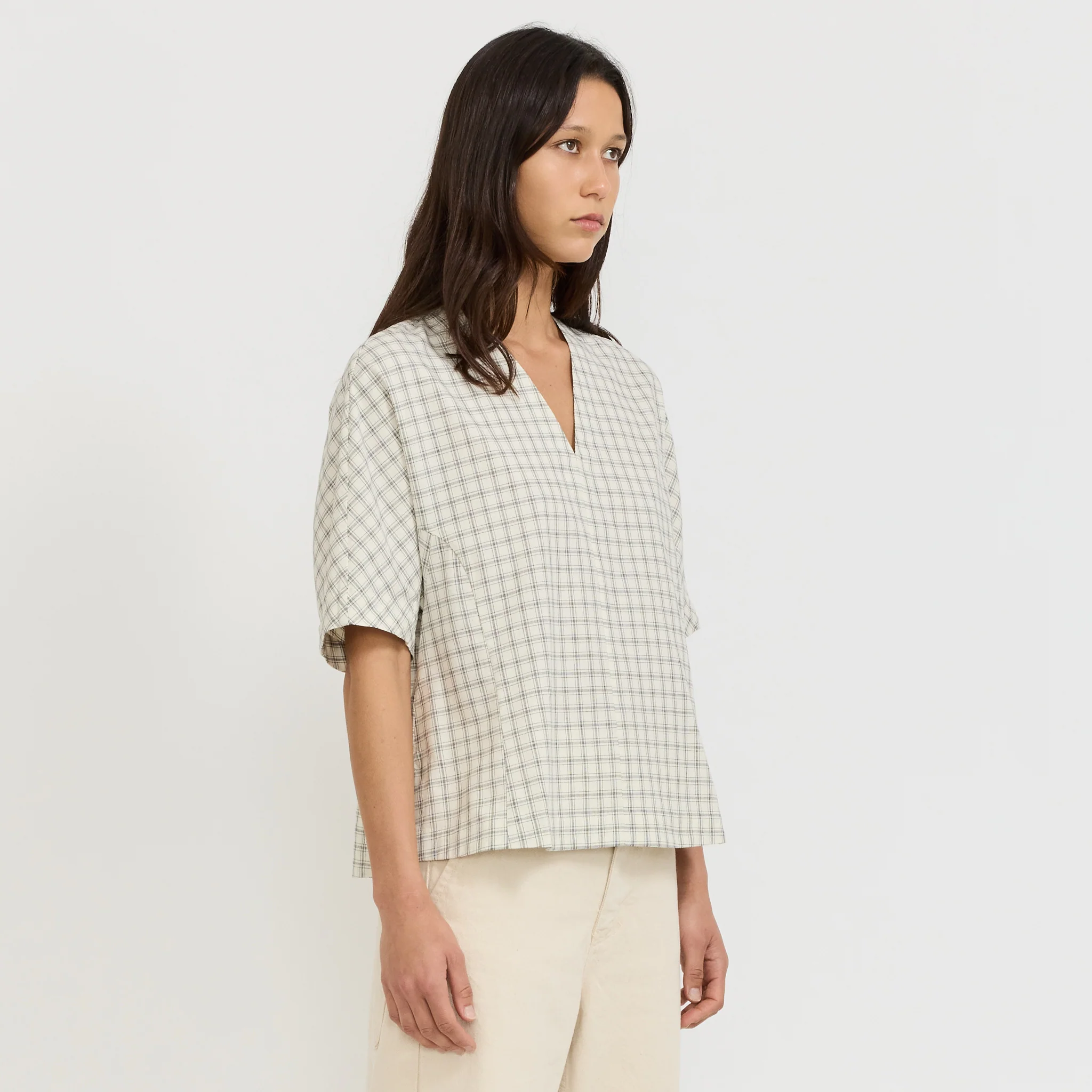 Cotton Window Pane Check V Neck Top Ecru/Slate - Image 3