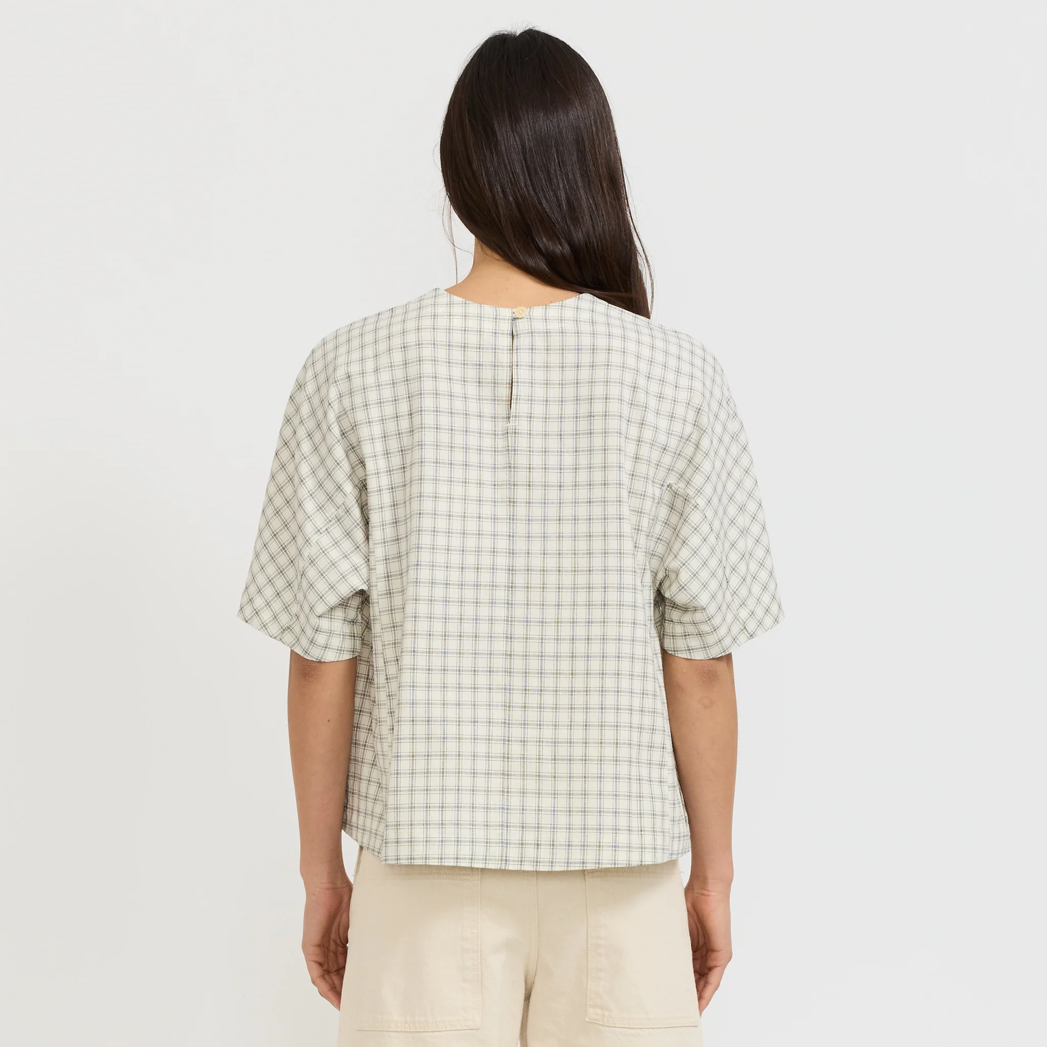 Cotton Window Pane Check V Neck Top Ecru/Slate - Image 4