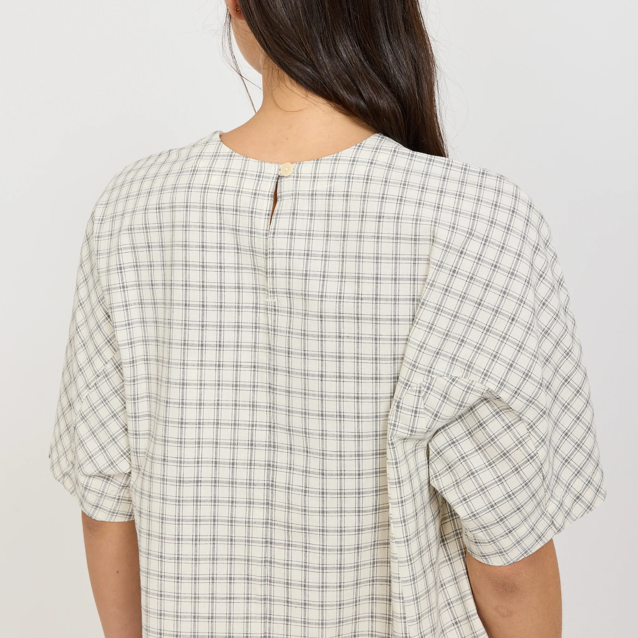 Cotton Window Pane Check V Neck Top Ecru/Slate - Image 5
