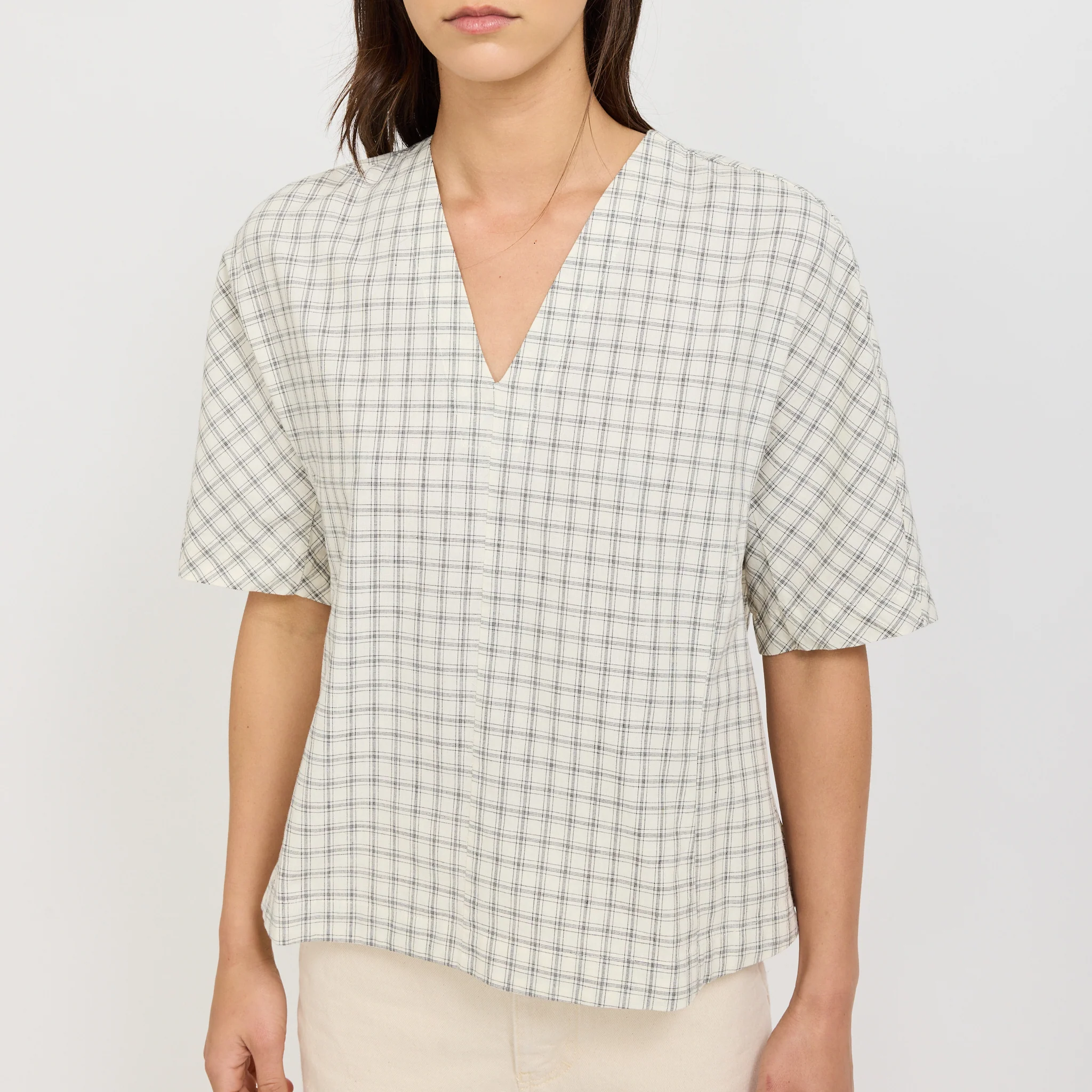 Cotton Window Pane Check V Neck Top Ecru/Slate - Image 6