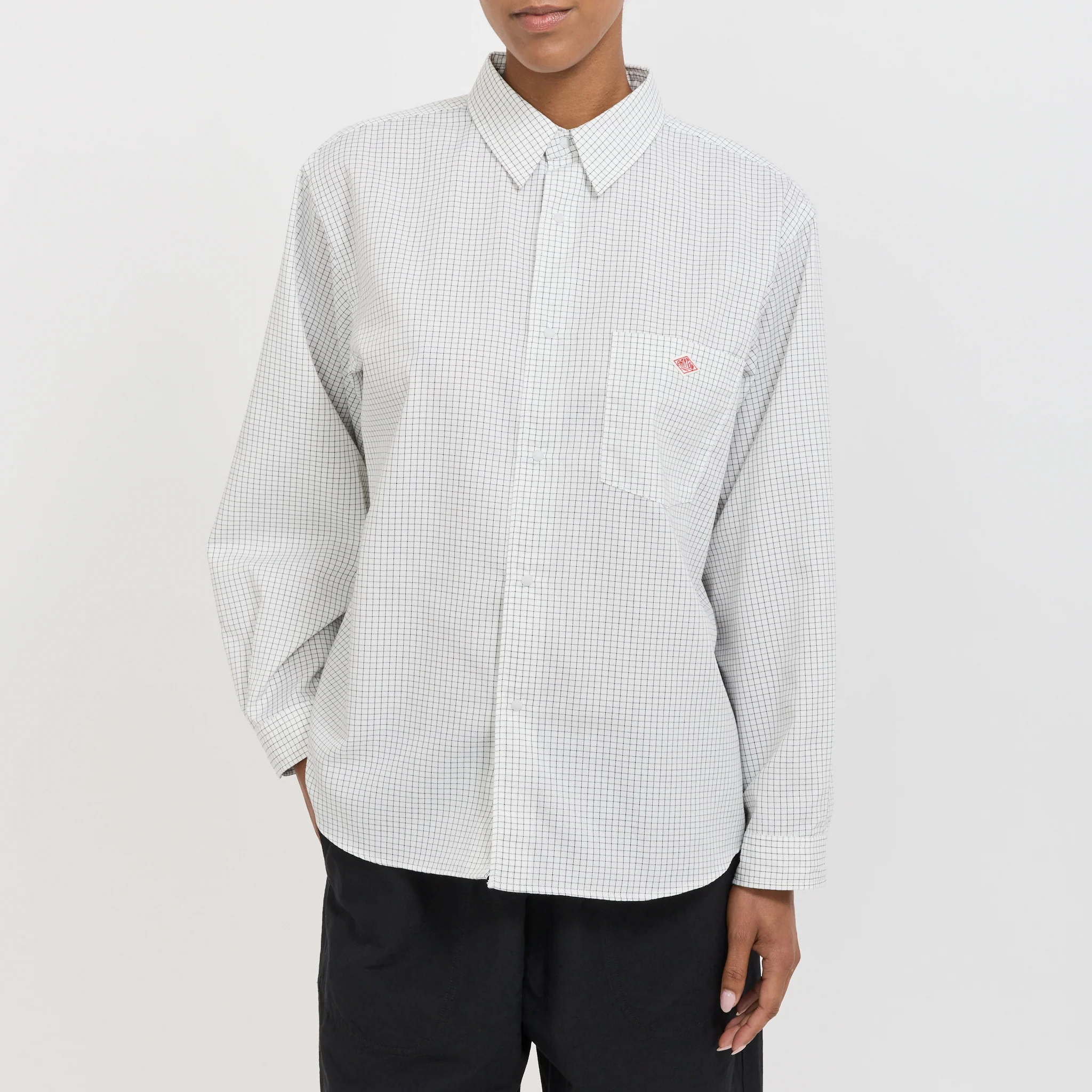 Dot Button Regular Collar Shirt L/S Off White/Navy Check - Image 5
