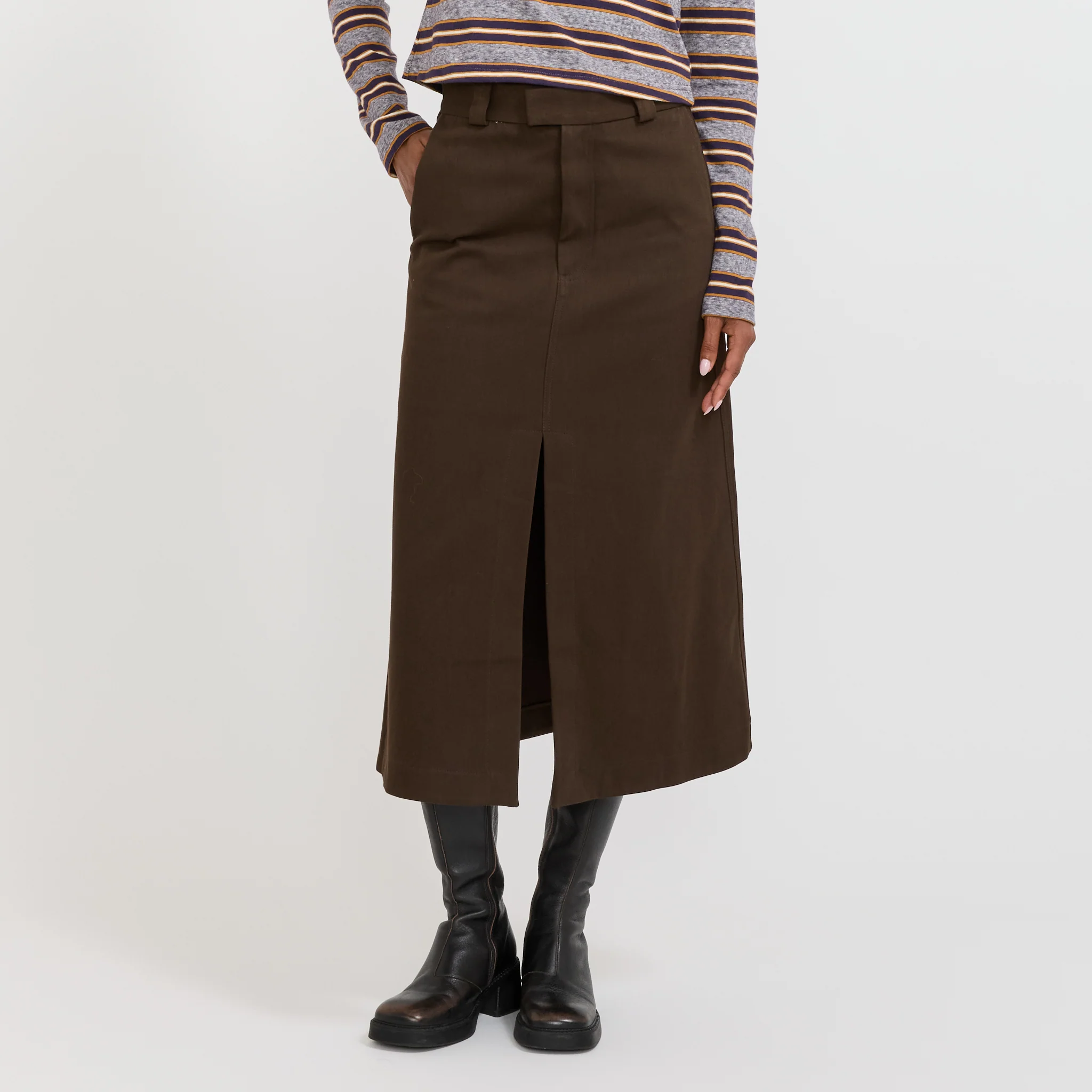 Double Twill Longerline Skirt Dark Brown