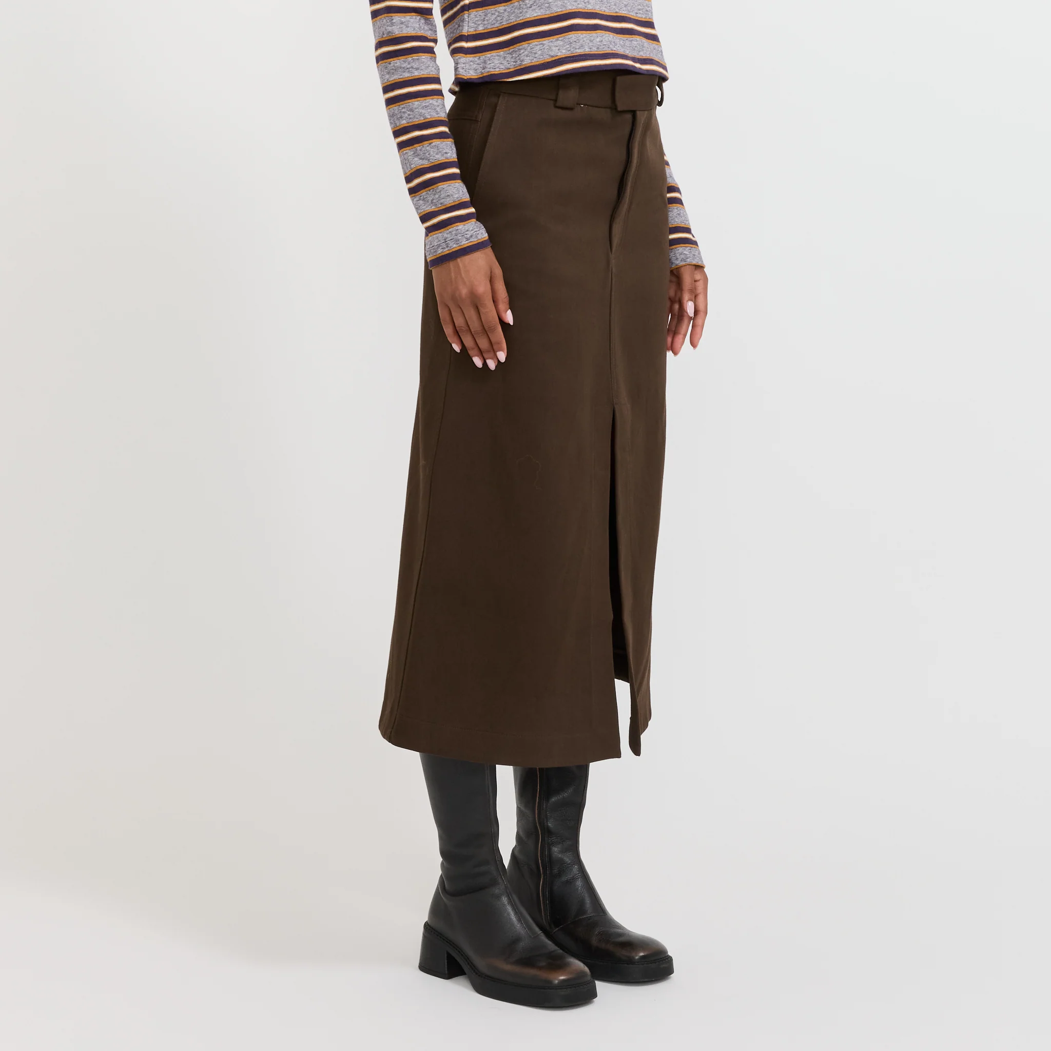 Double Twill Longerline Skirt Dark Brown - Image 3