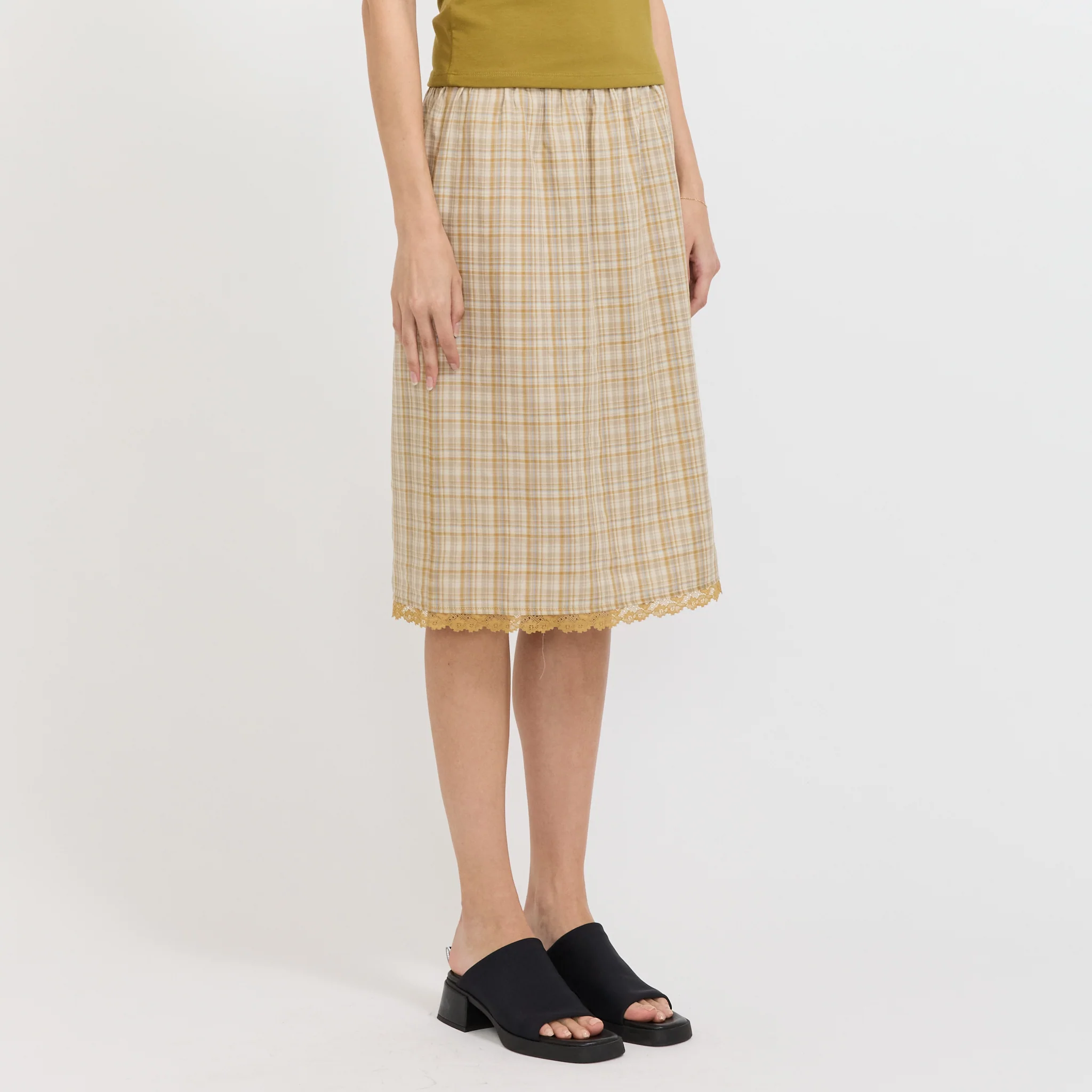 Embroidered Lace Check Skirt Mustard