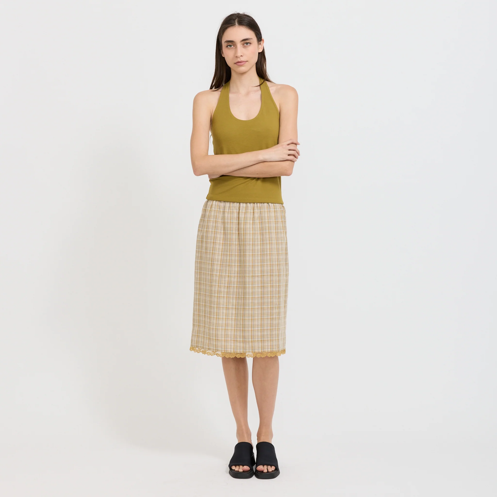 Embroidered Lace Check Skirt Mustard - Image 2