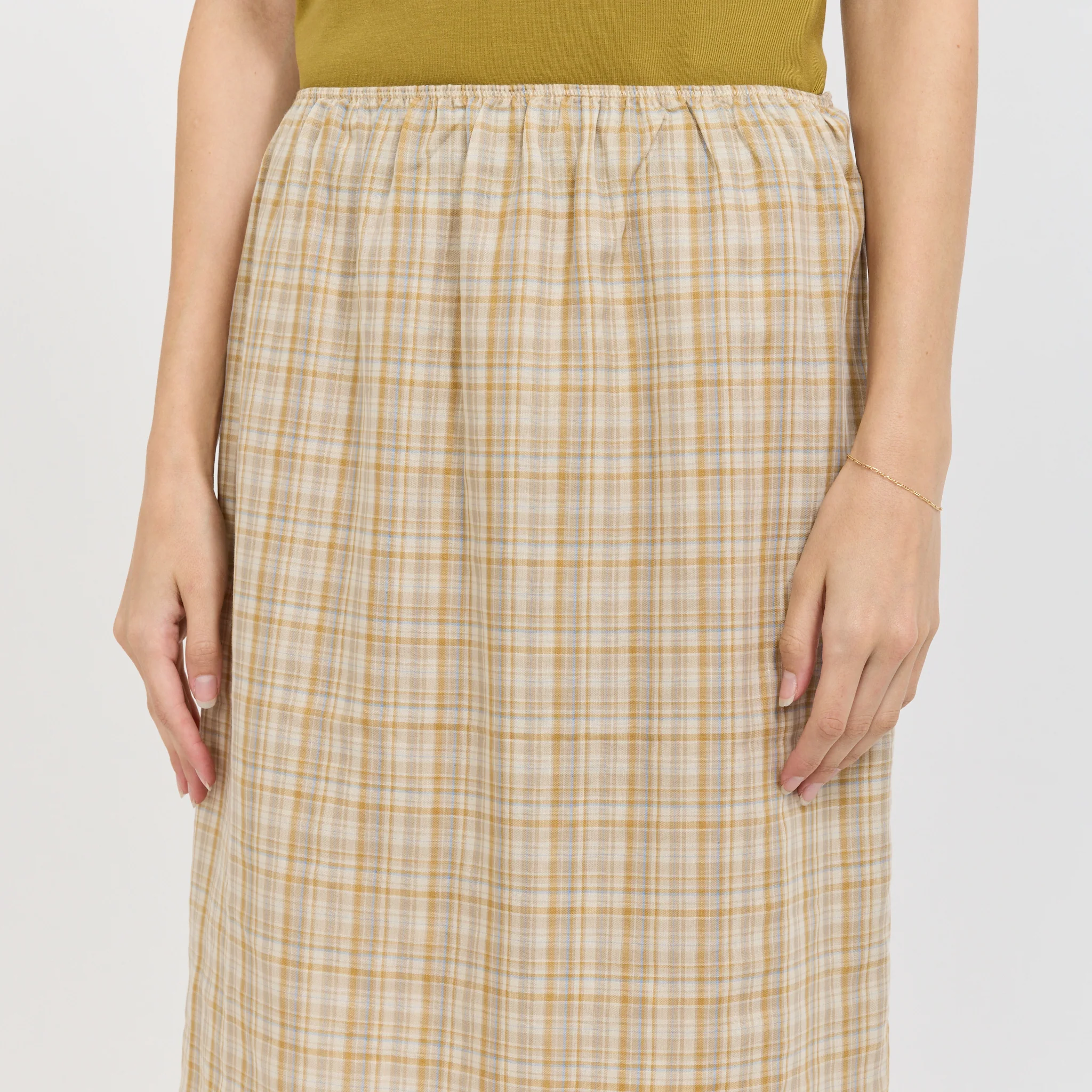 Embroidered Lace Check Skirt Mustard - Image 5