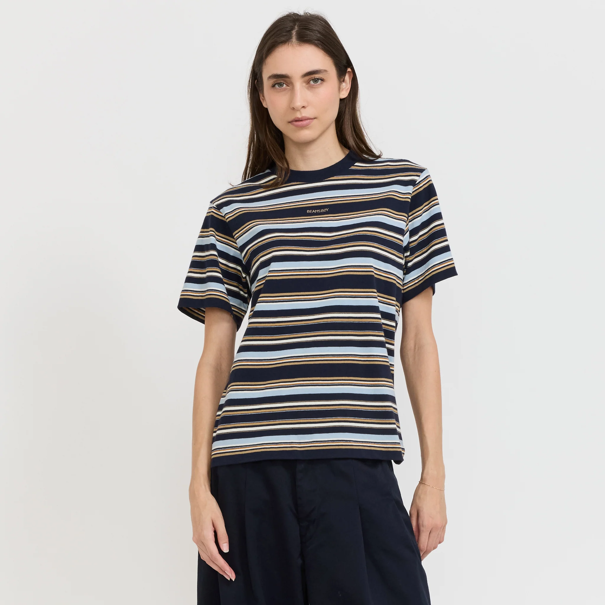 Embroidery Multi-Striped Short Sleeve Navy