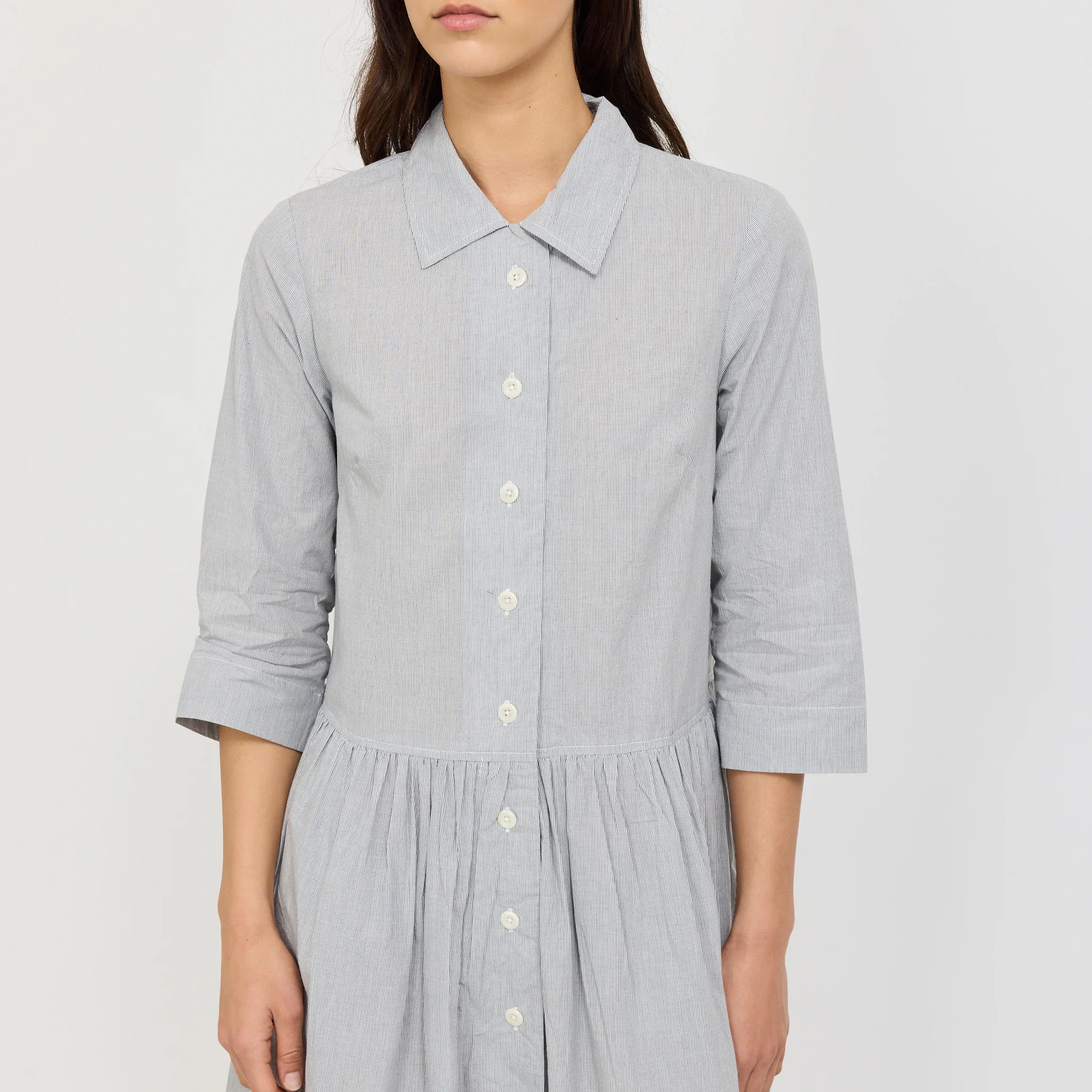 Fine Stripe Cotton Shirt Dress Ecru/Slate - Image 5