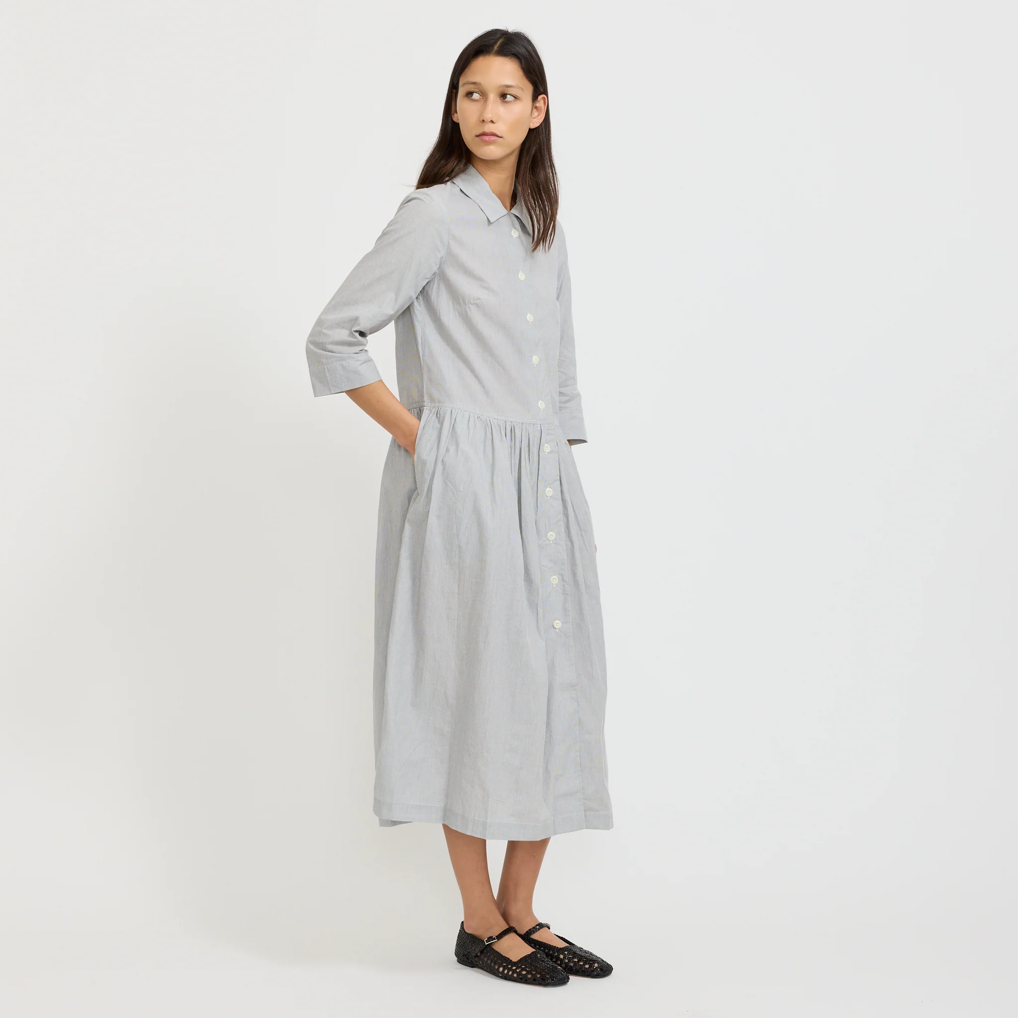 Fine Stripe Cotton Shirt Dress Ecru/Slate - Image 6