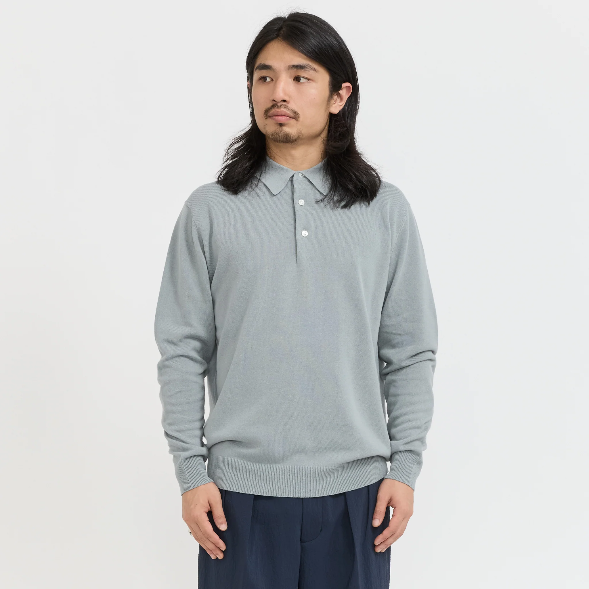 Knit Polo 12G Long Sleeve Ice Blue