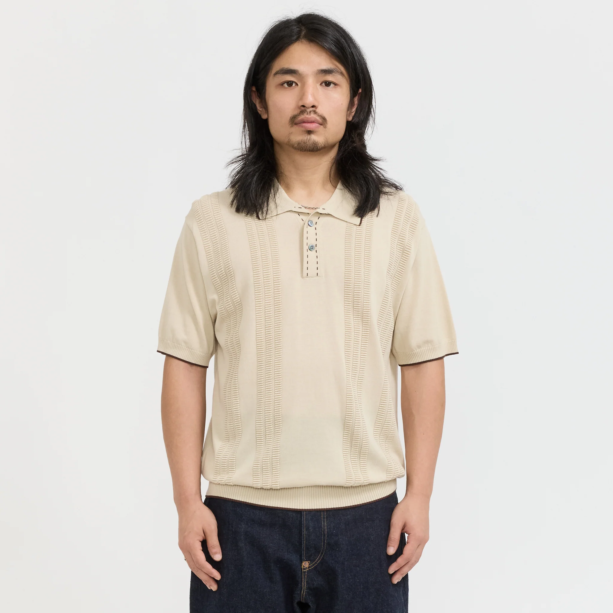 Knit Polo Raised Pattern Jacquard Line Beige - Image 5