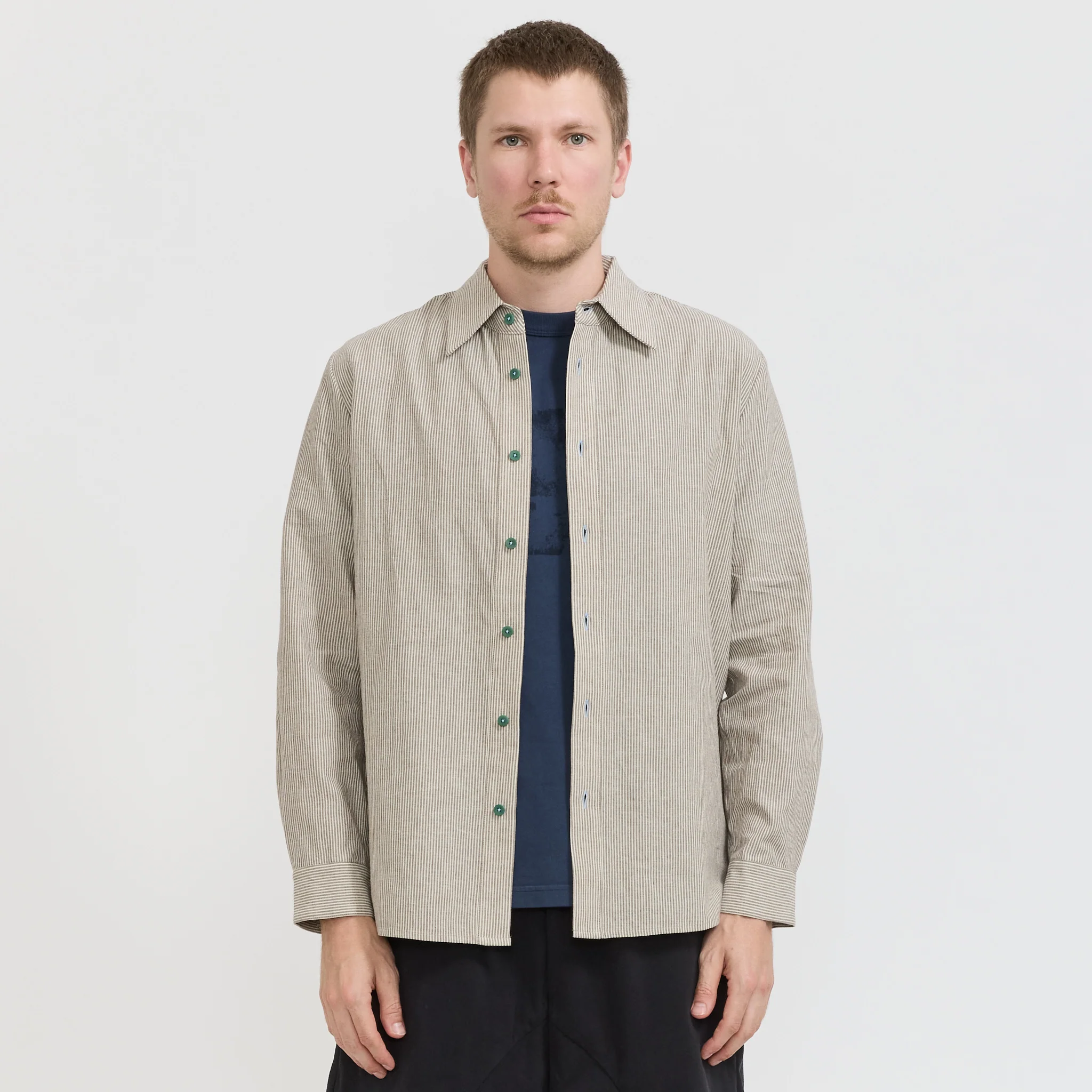 L/S Linen Work Shirt Grey Stripe - Image 4