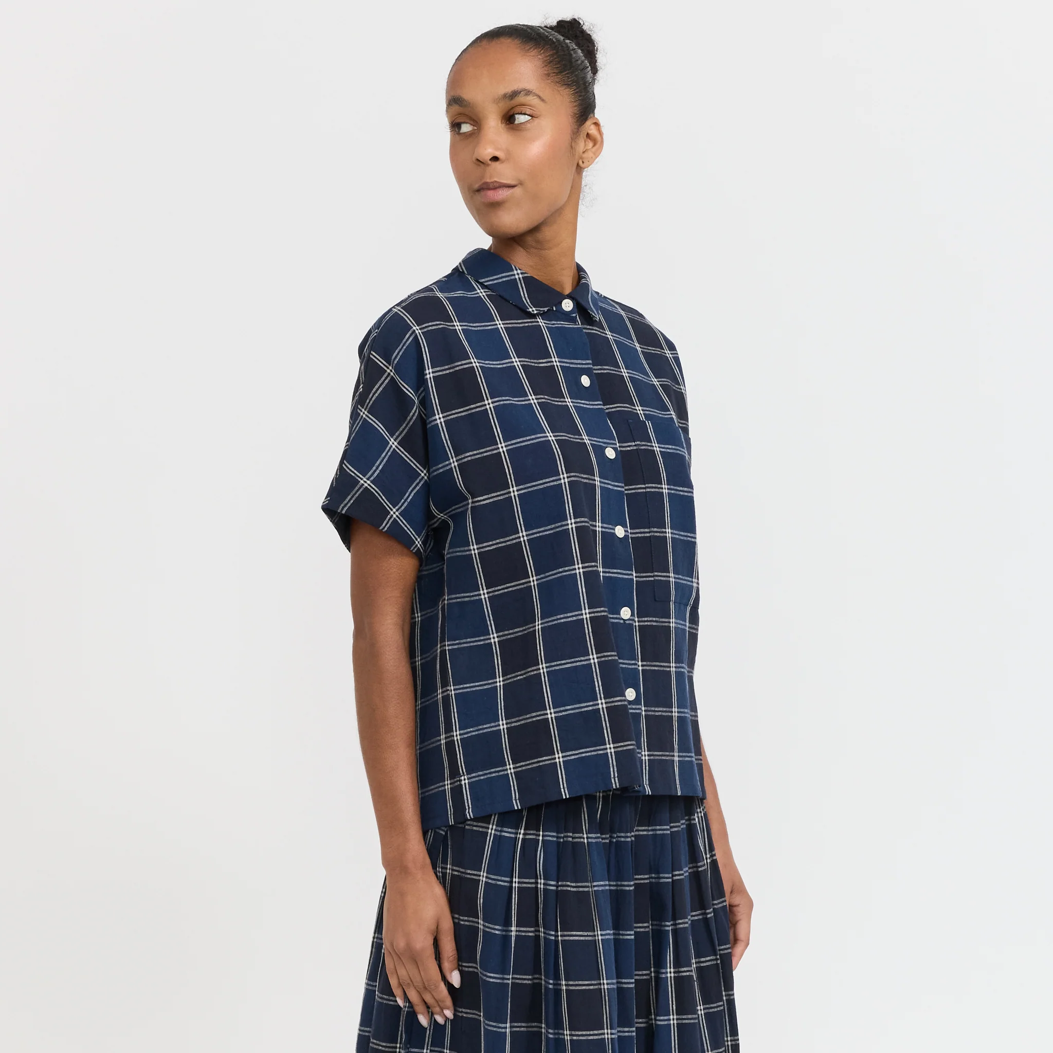 Market Check Cotton Linen Shirt Denim Blue - Image 3