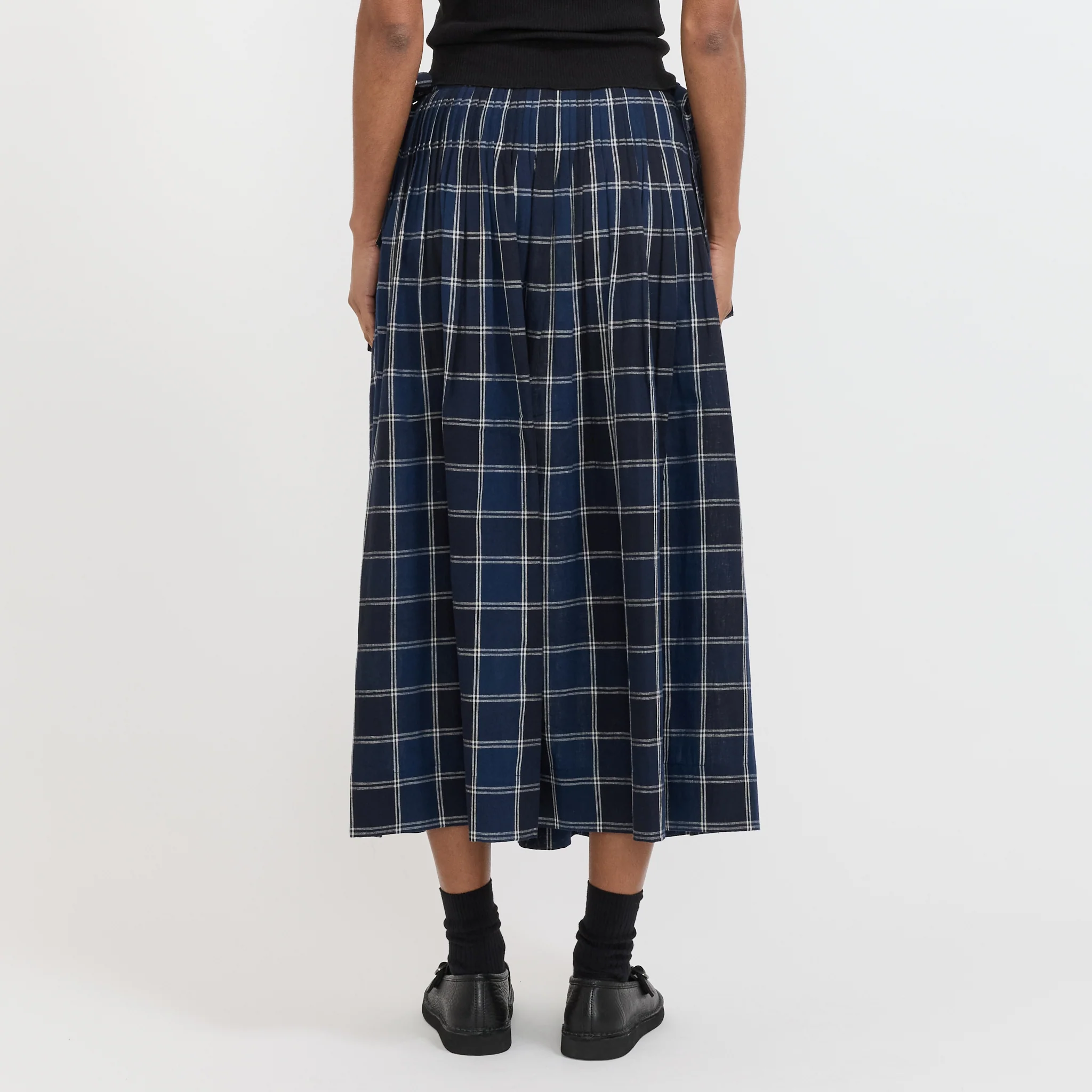 Market Check Pleated Cotton Linen Skirt Denim Blue - Image 4