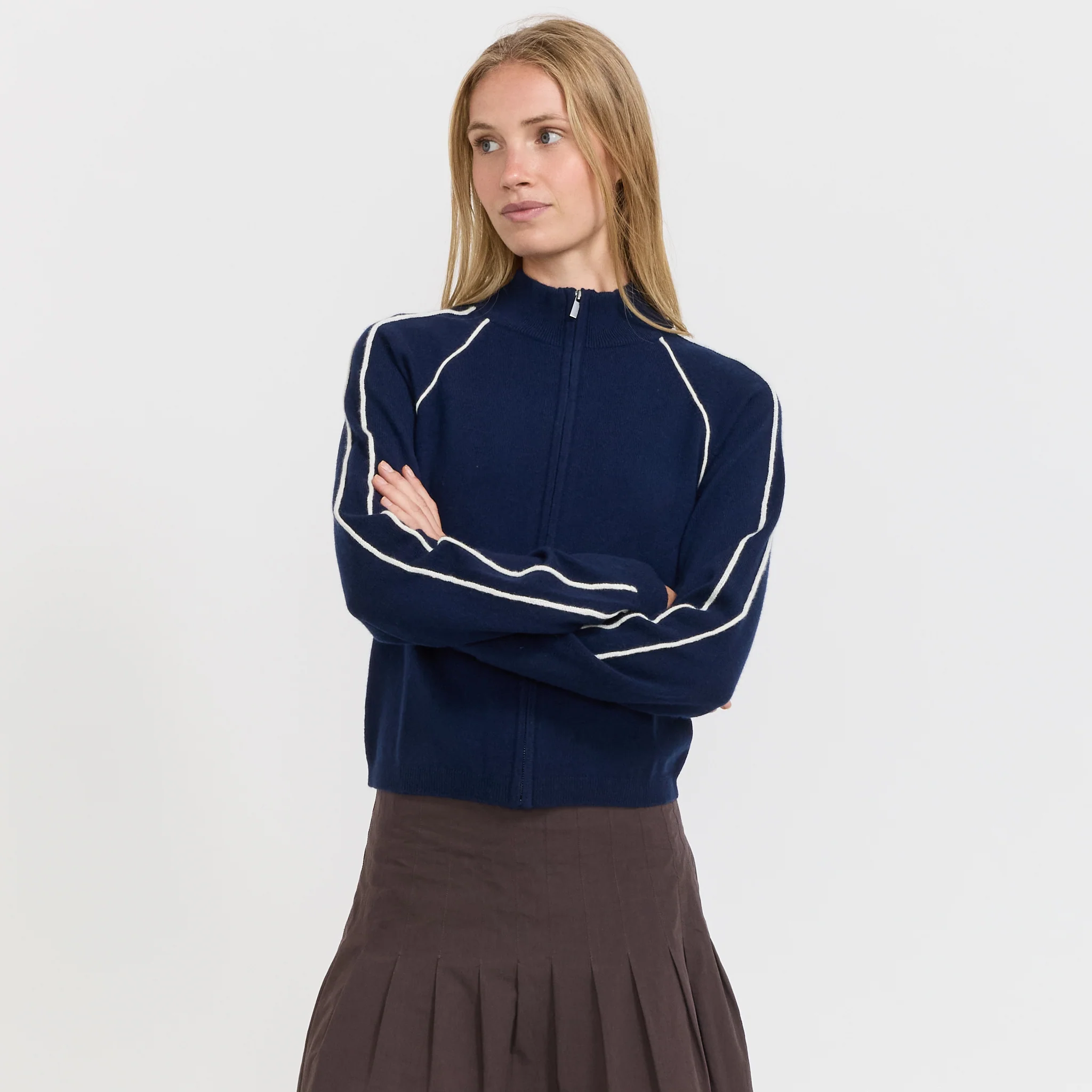 Piping Detail Zip Up Knit Ink