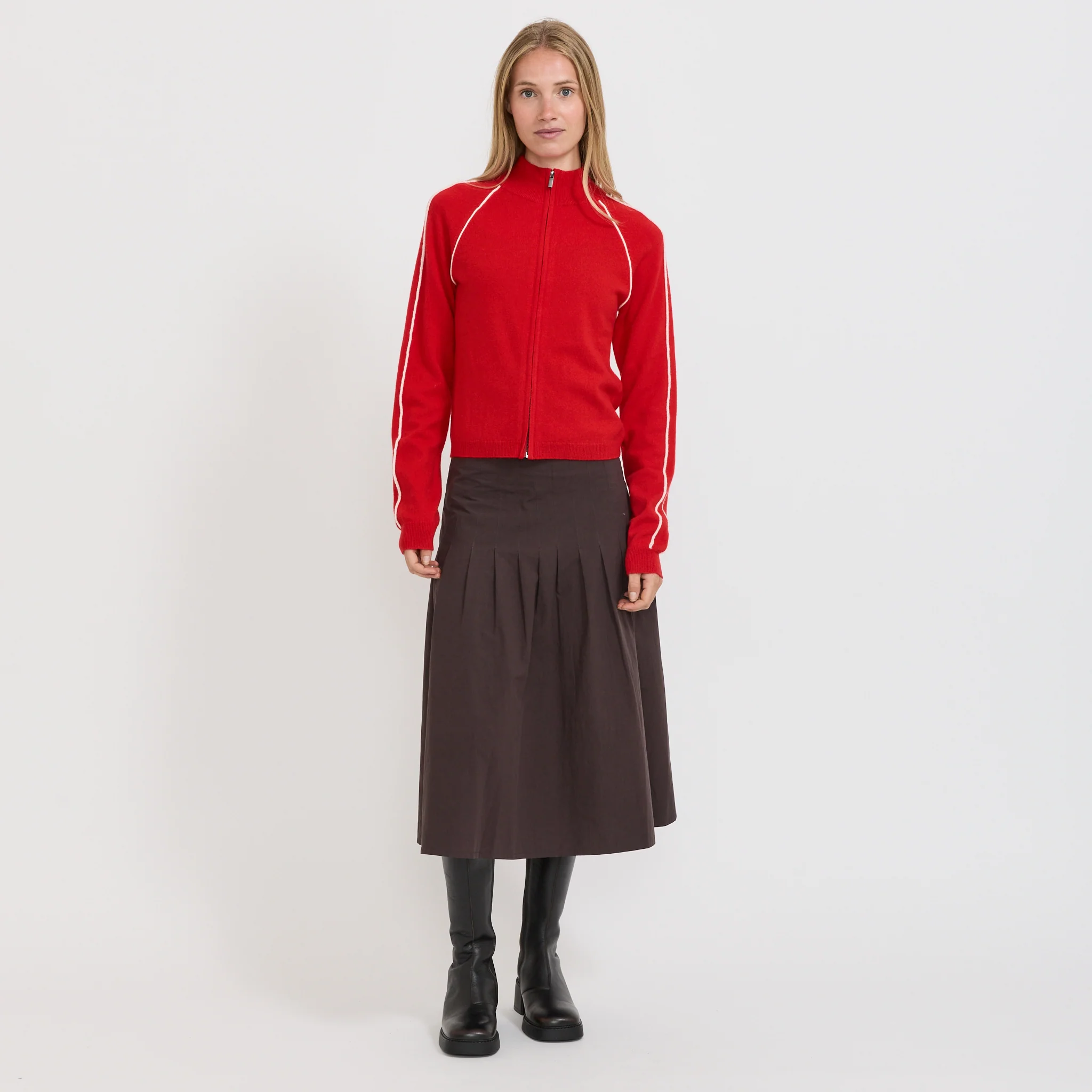 Piping Detail Zip Up Knit Red - Image 2