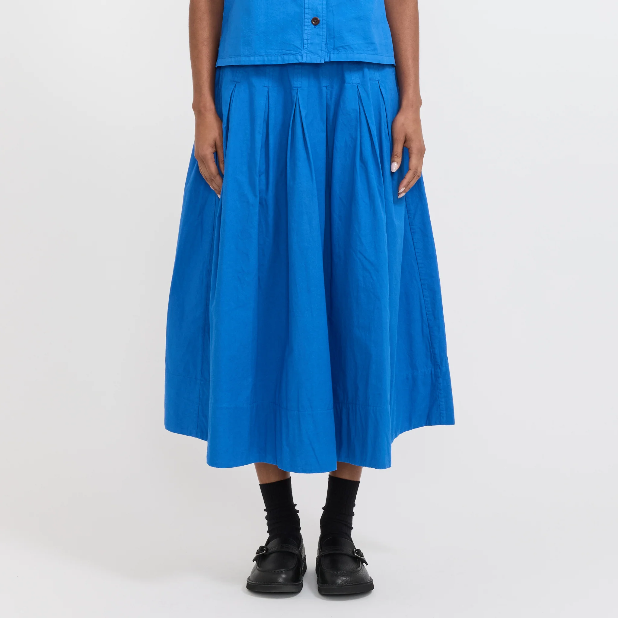 Pleated Cotton Linen Poplin Skirt Enamel Blue