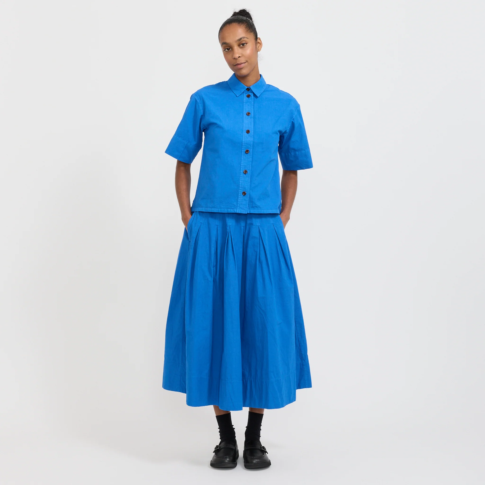 Pleated Cotton Linen Poplin Skirt Enamel Blue - Image 2