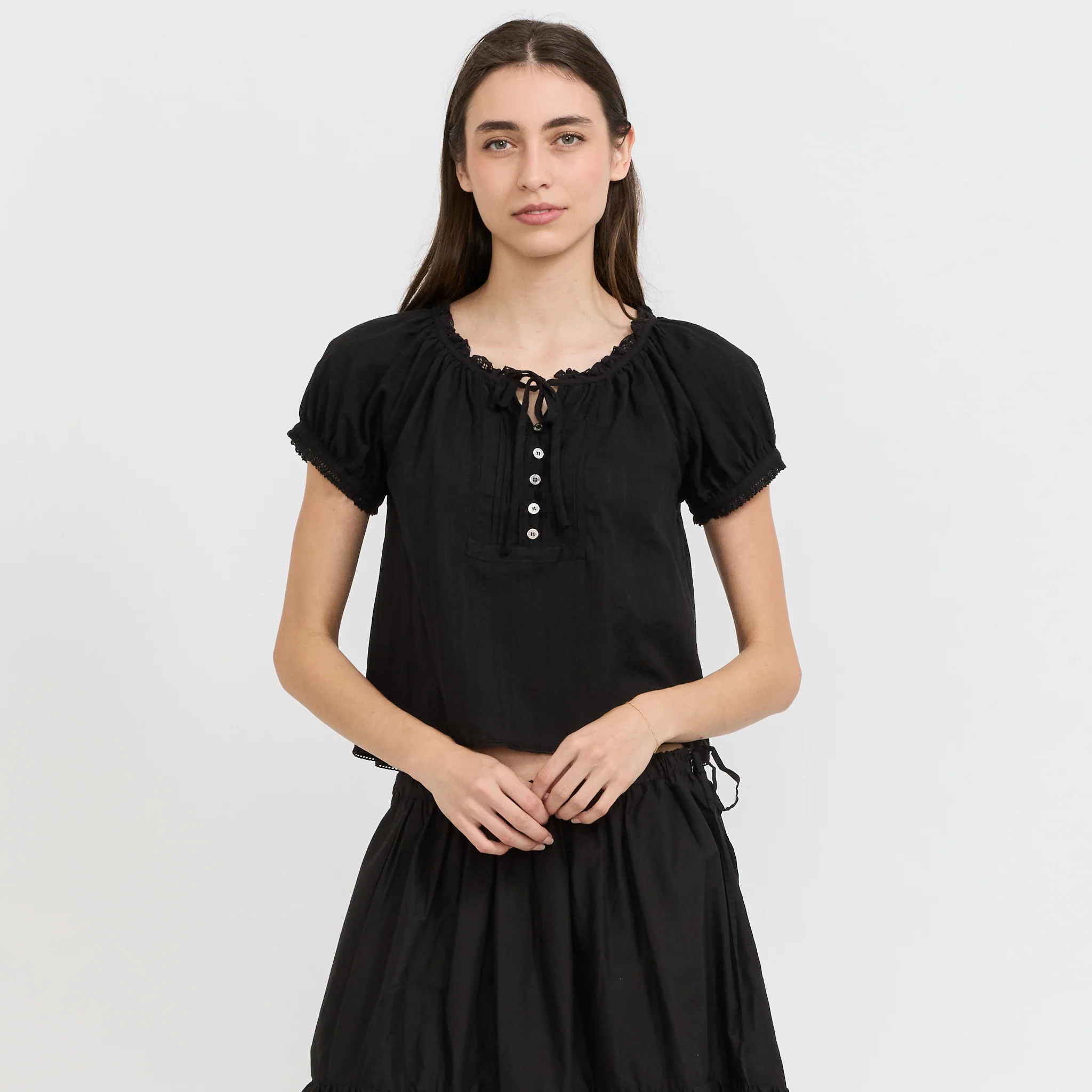 Ribboned Shirring Blouse Black