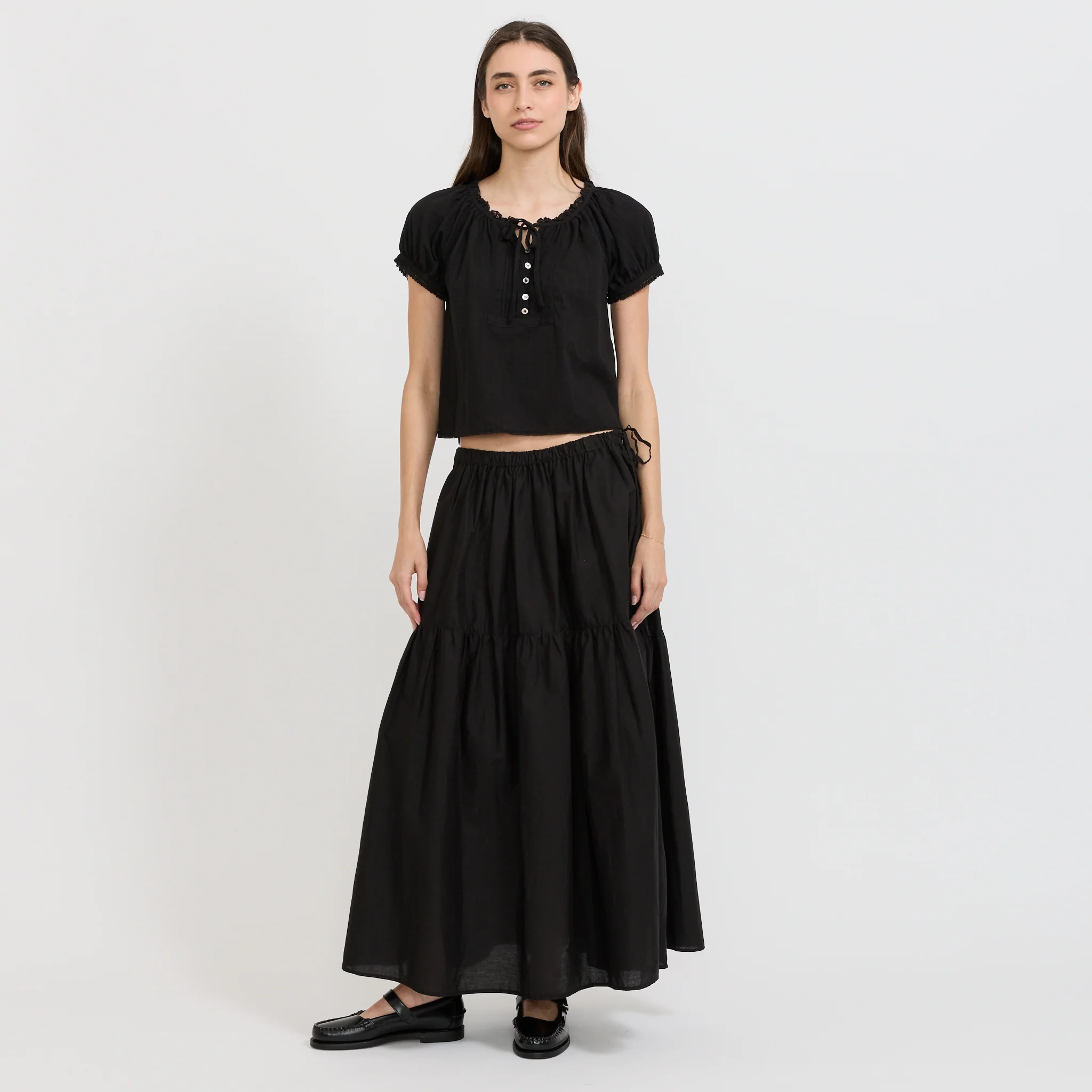 Ribboned Shirring Blouse Black - Image 2