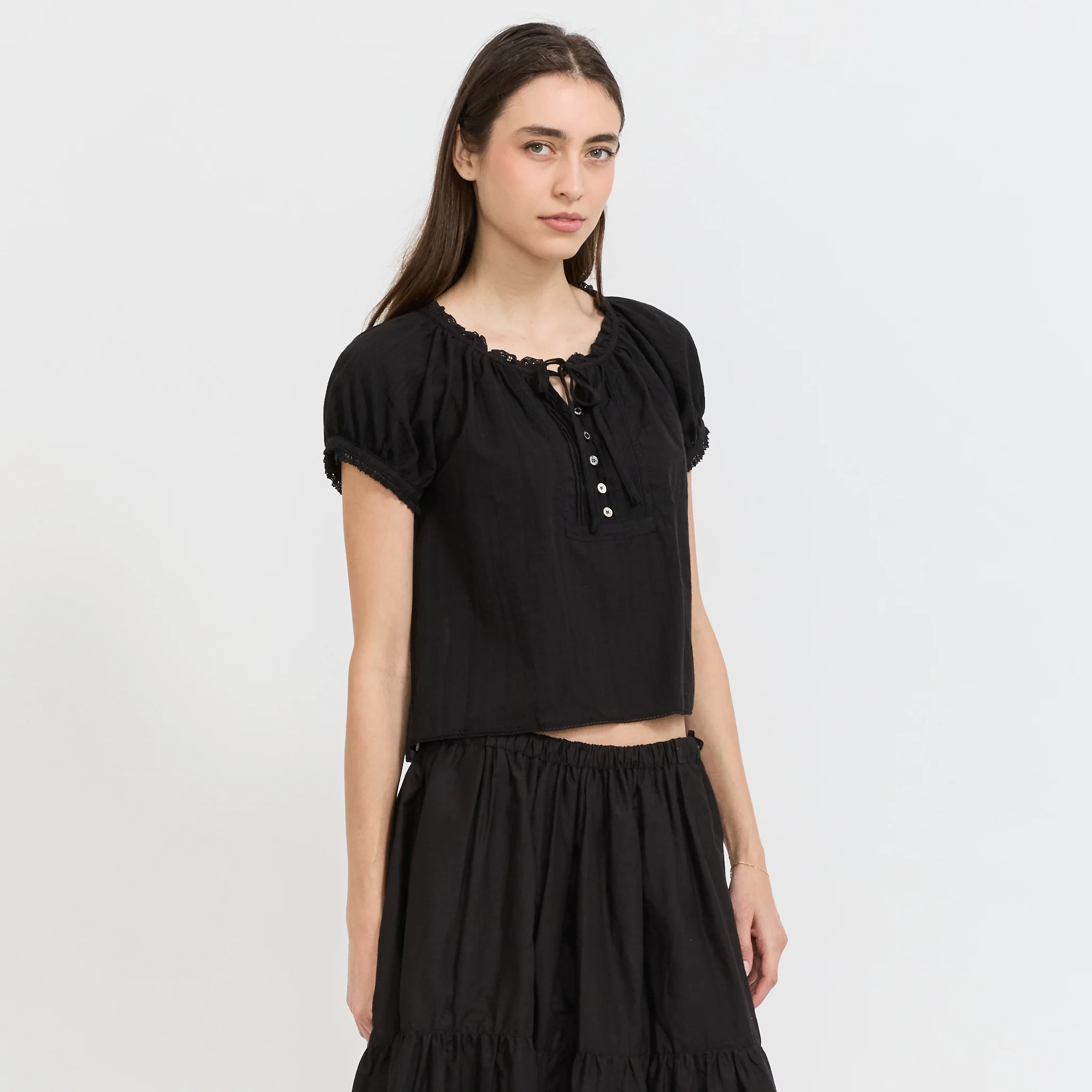 Ribboned Shirring Blouse Black - Image 3