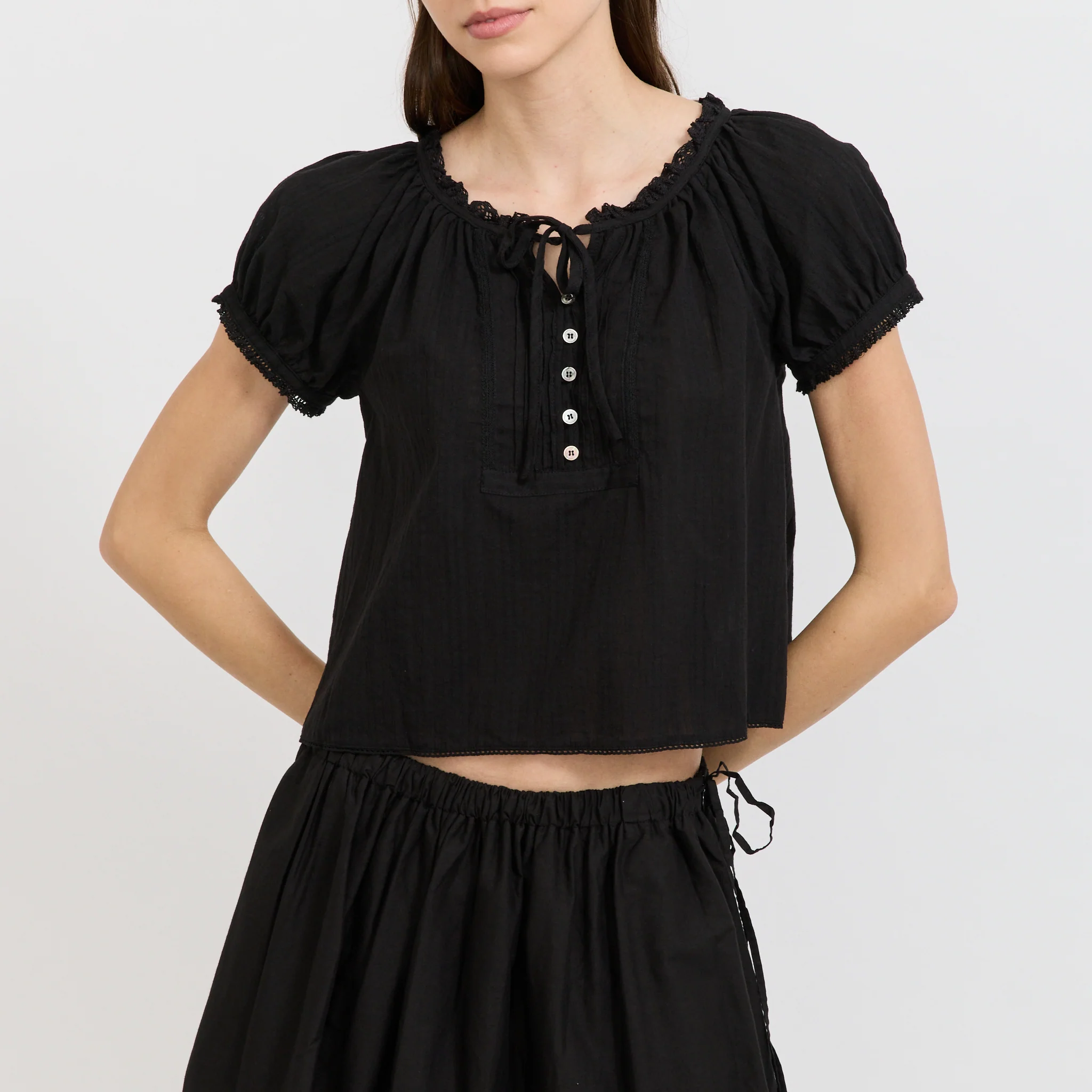 Ribboned Shirring Blouse Black - Image 5