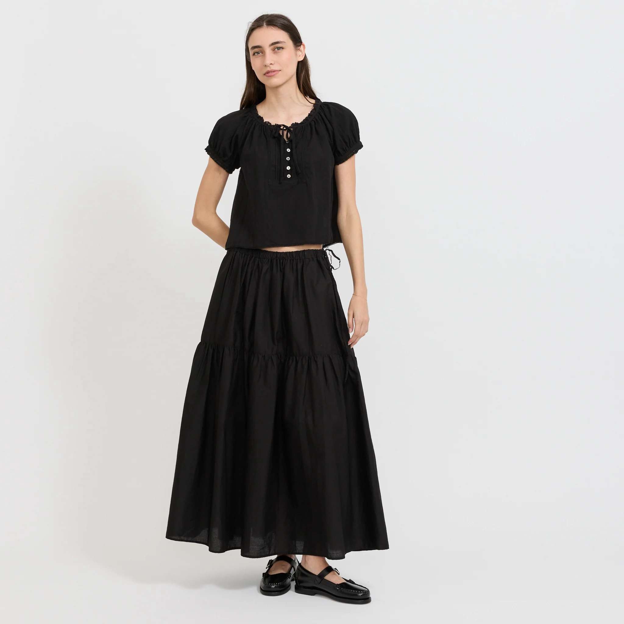 Ribboned Shirring Blouse Black - Image 6