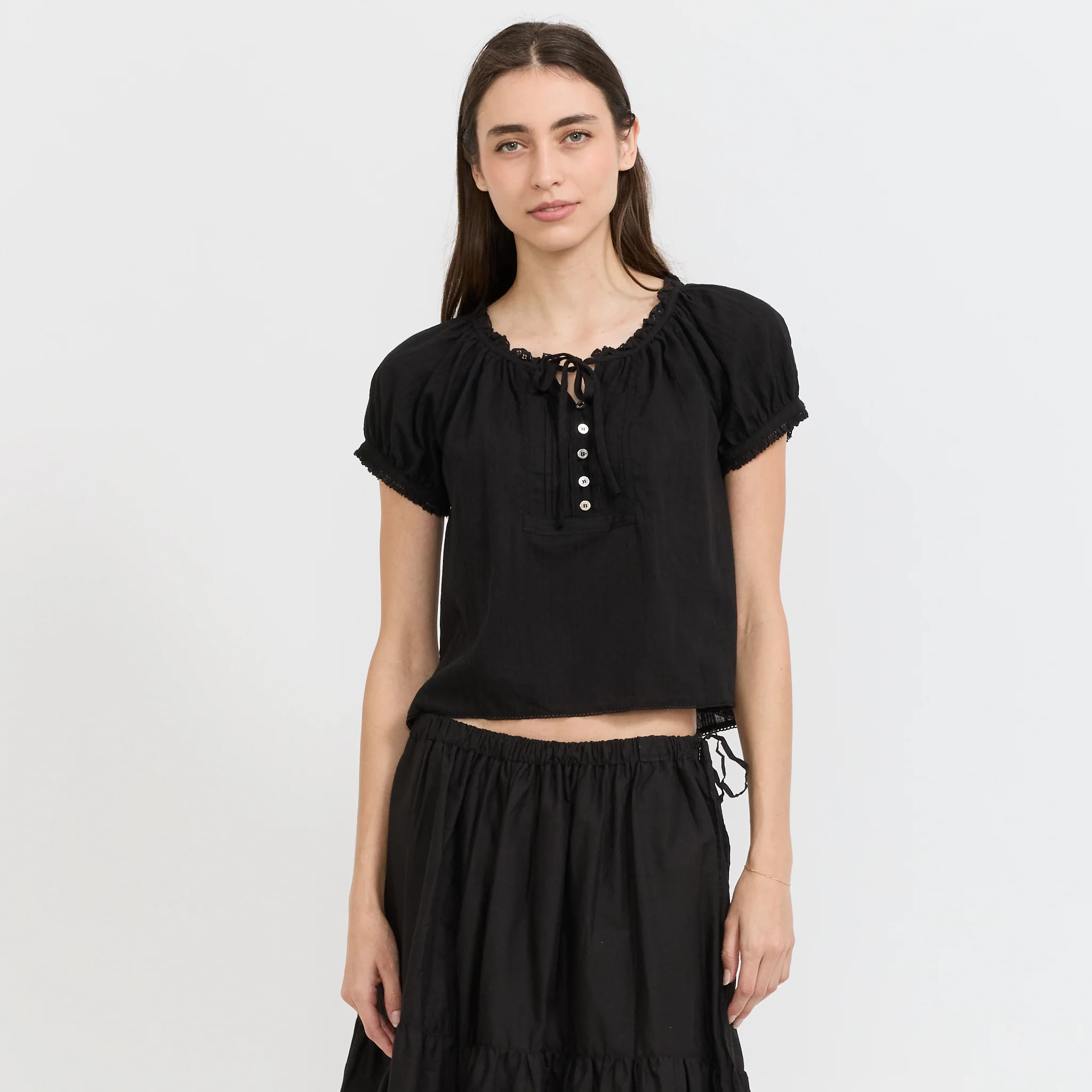 Ribboned Shirring Blouse Black - Image 7