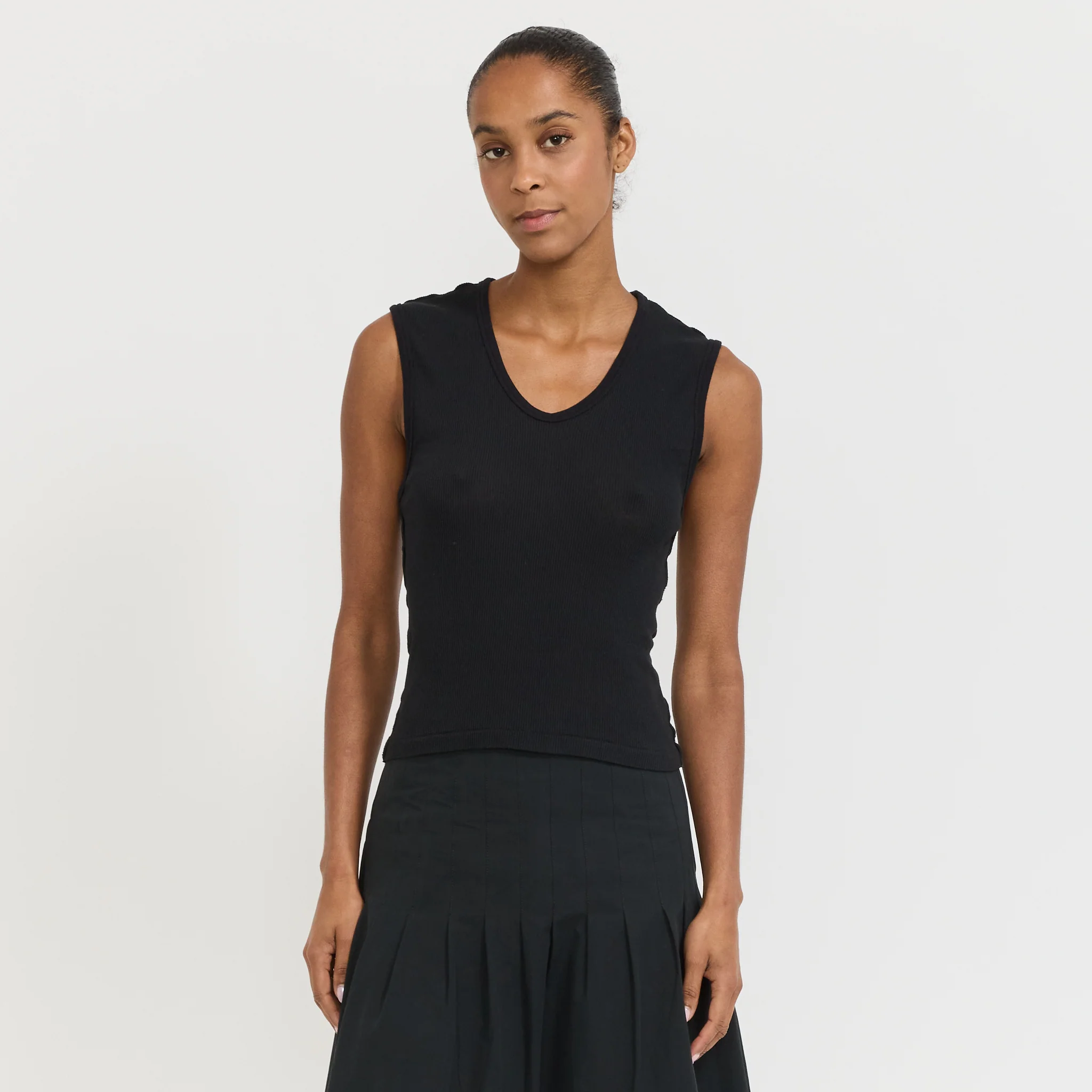 Sheer Rib V-Neck Muscle Tank Black