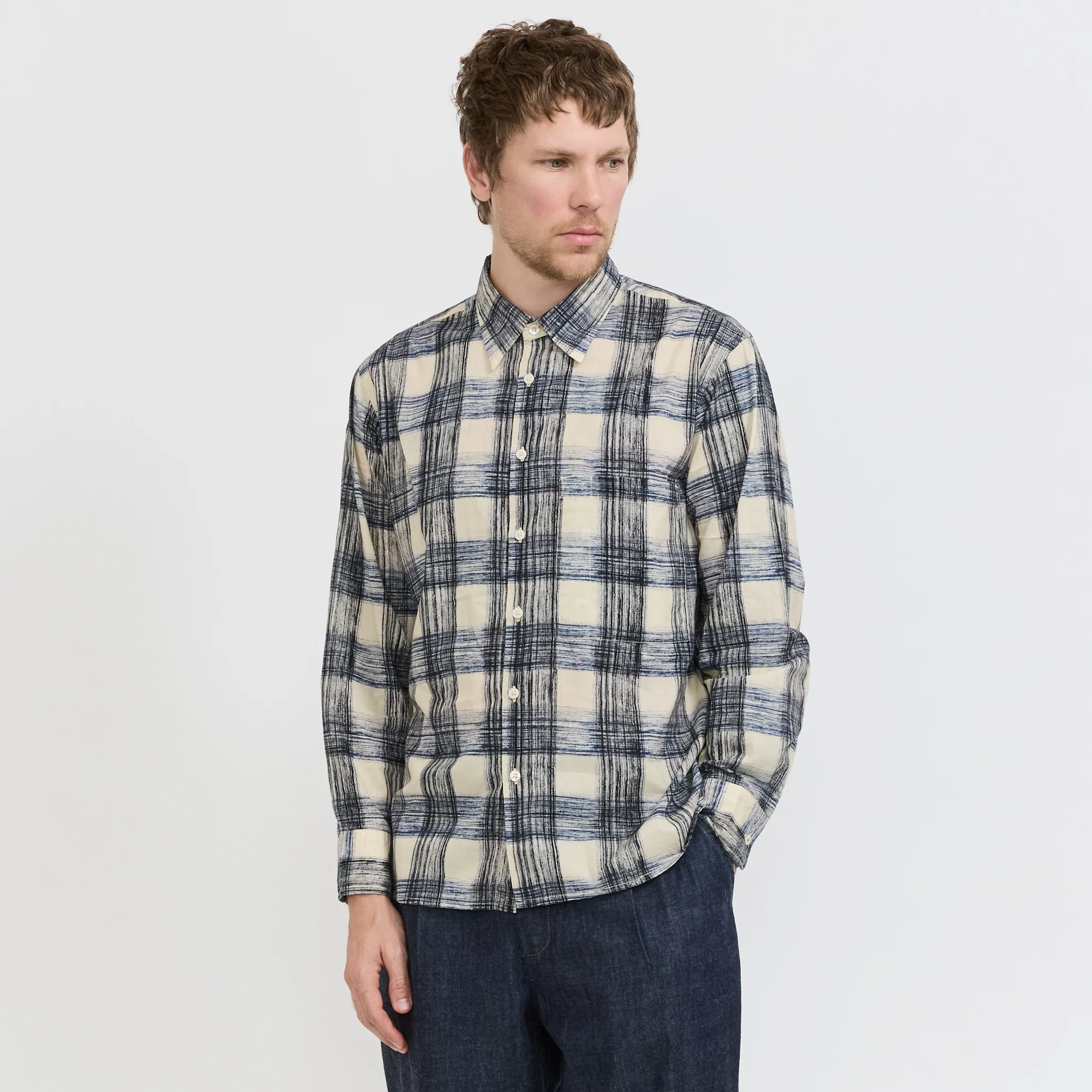 Square Pocket Shirt Window Panes Navy