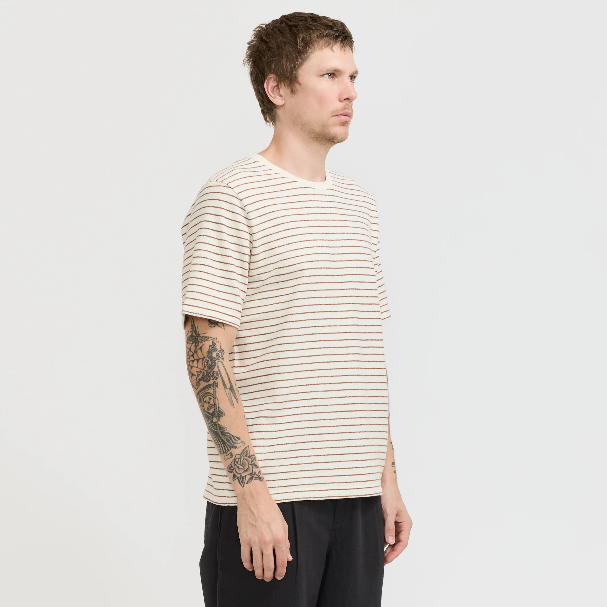 SS Textured Stripe T-Shirt Ecru/Burnt Red - Image 3