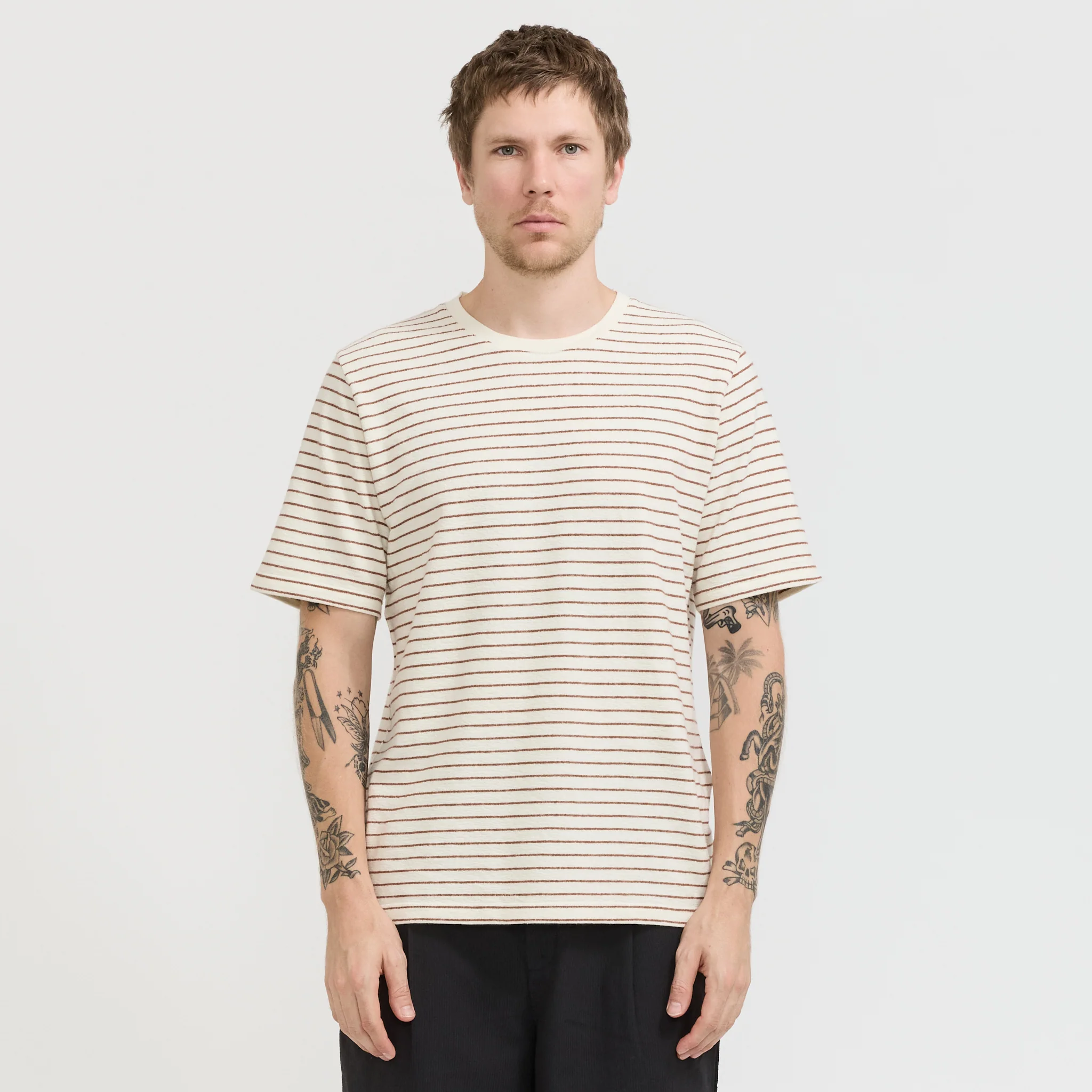 SS Textured Stripe T-Shirt Ecru/Burnt Red - Image 6