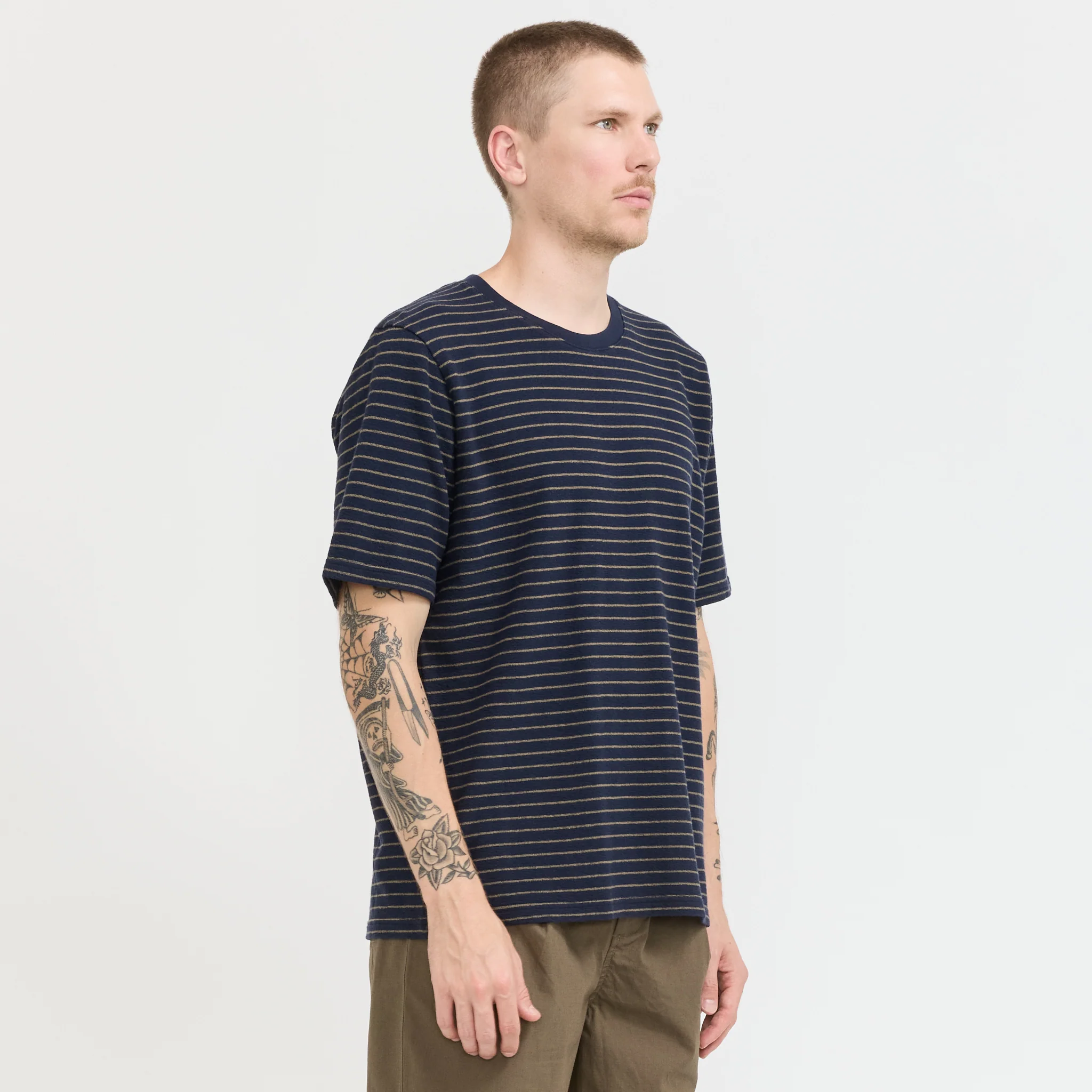 SS Textured Stripe T-Shirt Navy/Olive - Image 3