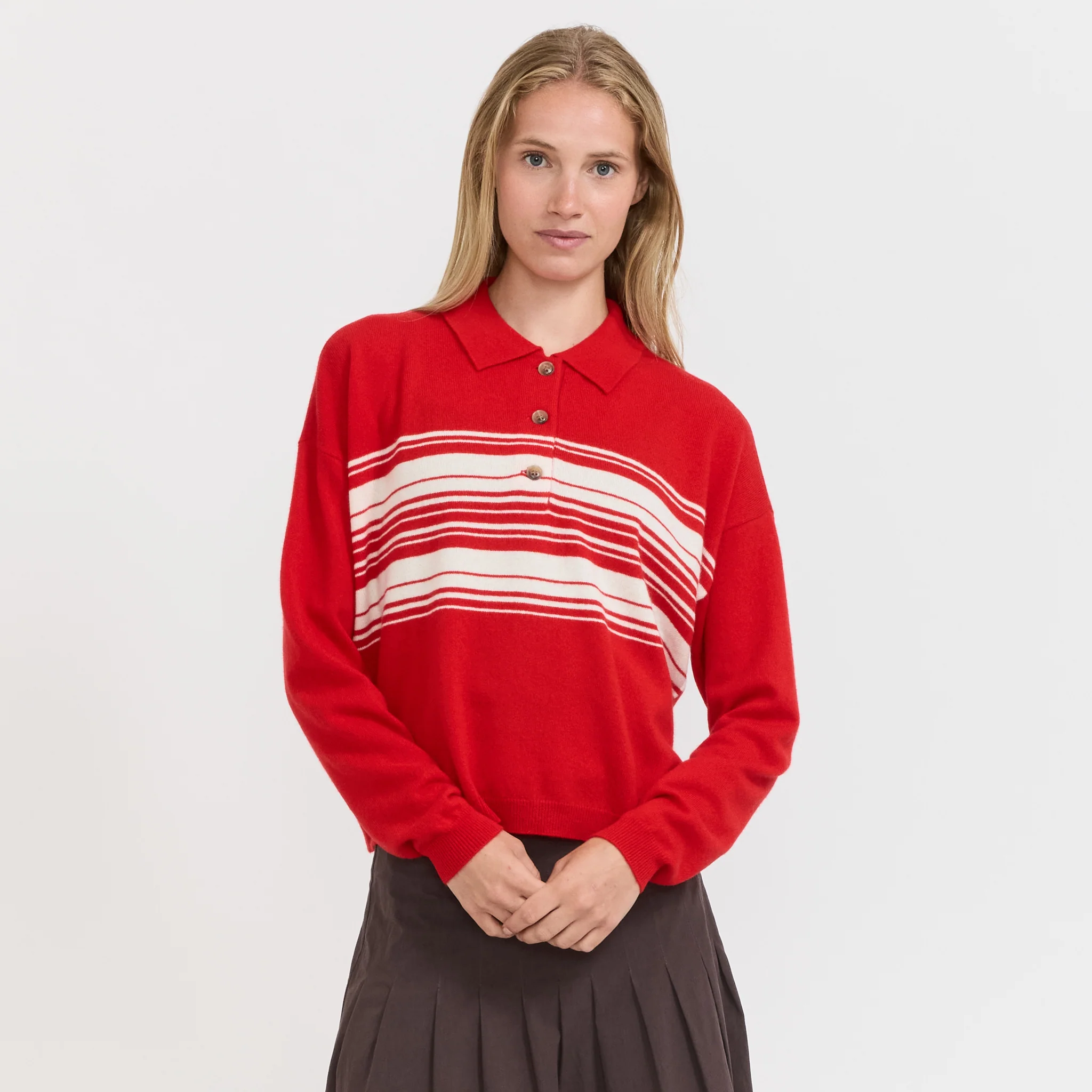Stripe Wool Cashmere Polo Red/Natural