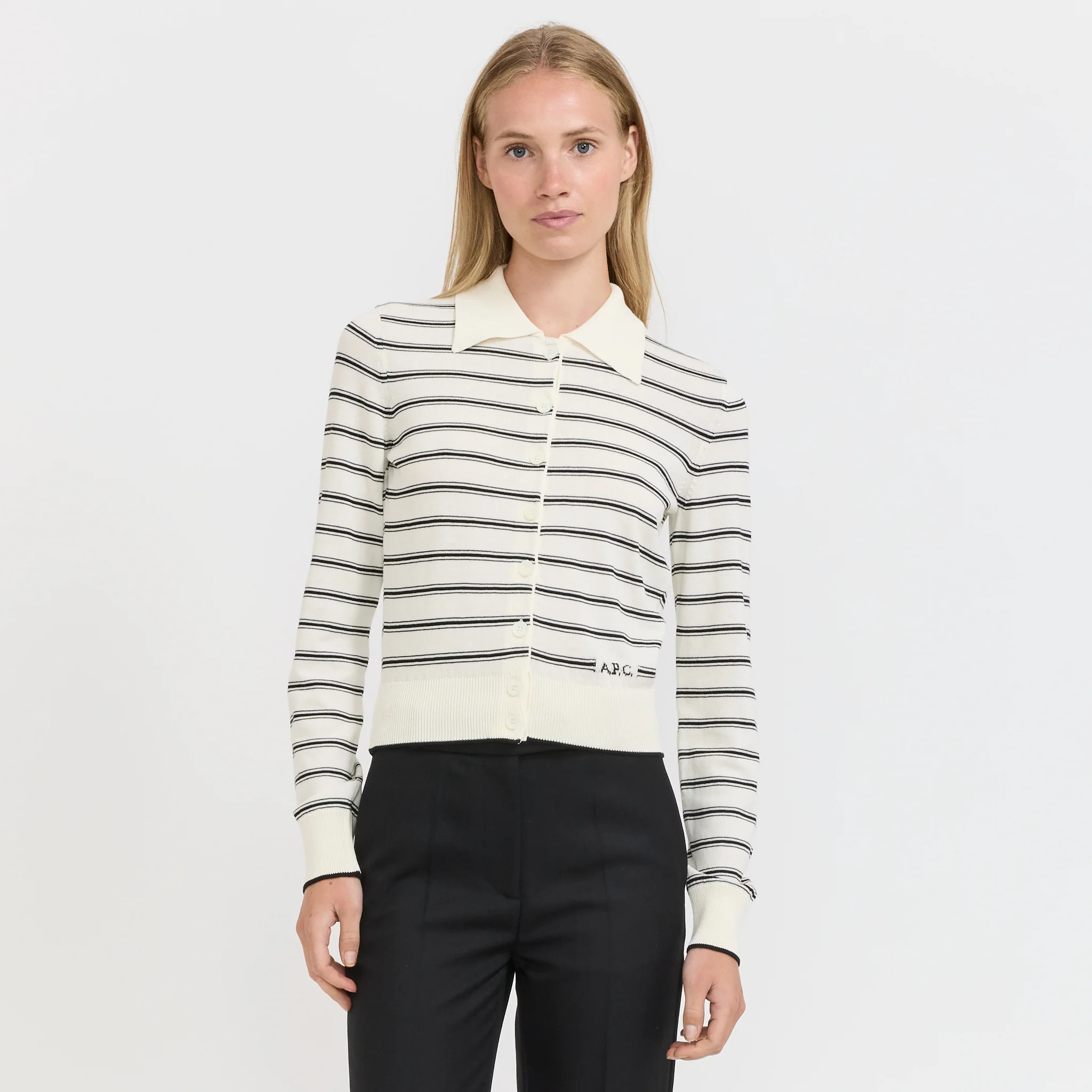 Striped Knit Cardigan Ecru/Black