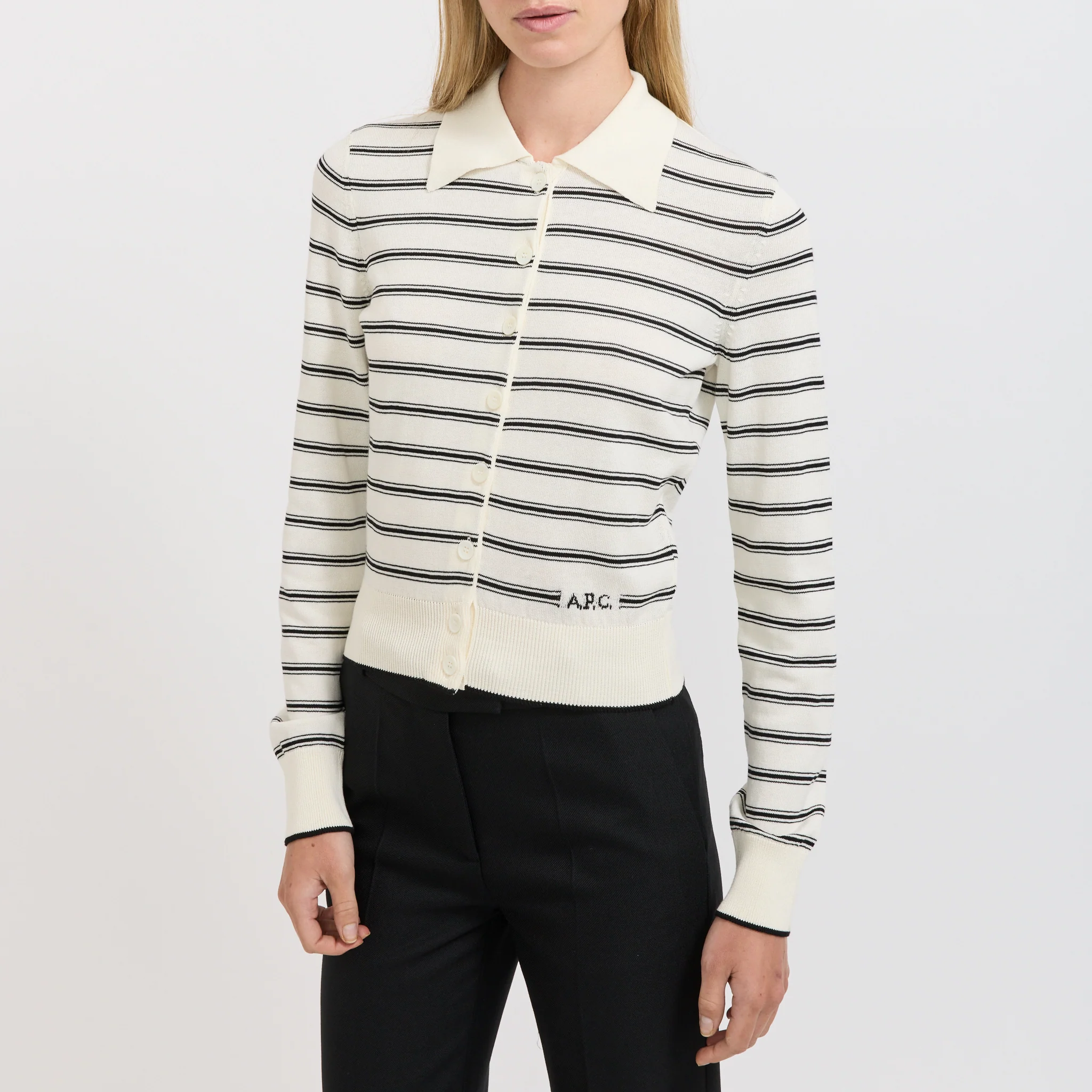 Striped Knit Cardigan Ecru/Black - Image 5