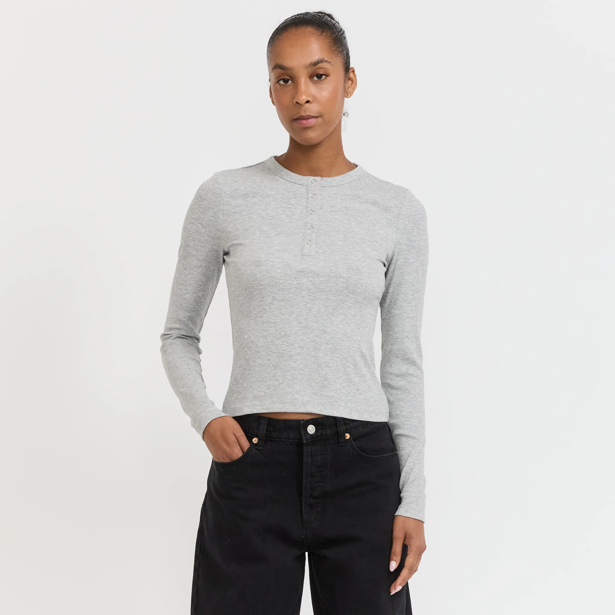 Studio Henley Long Sleeve Top Grey Marle